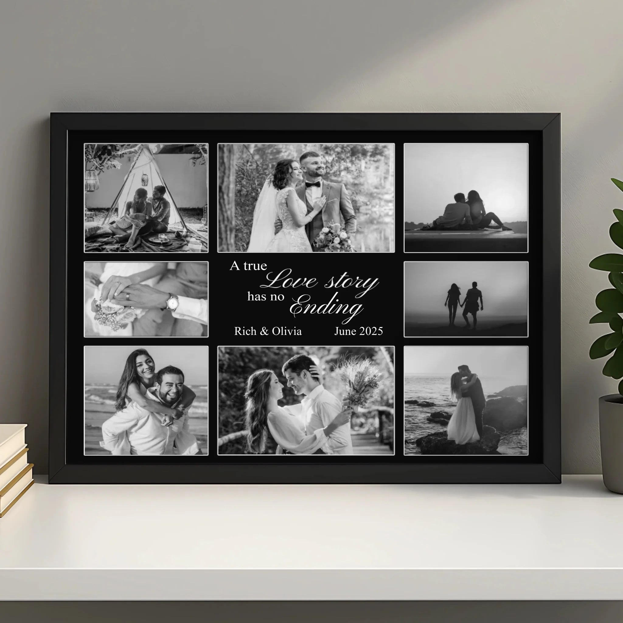 Personalised photo frame gift showing 8 custom photos and a printed quote, A4 size
