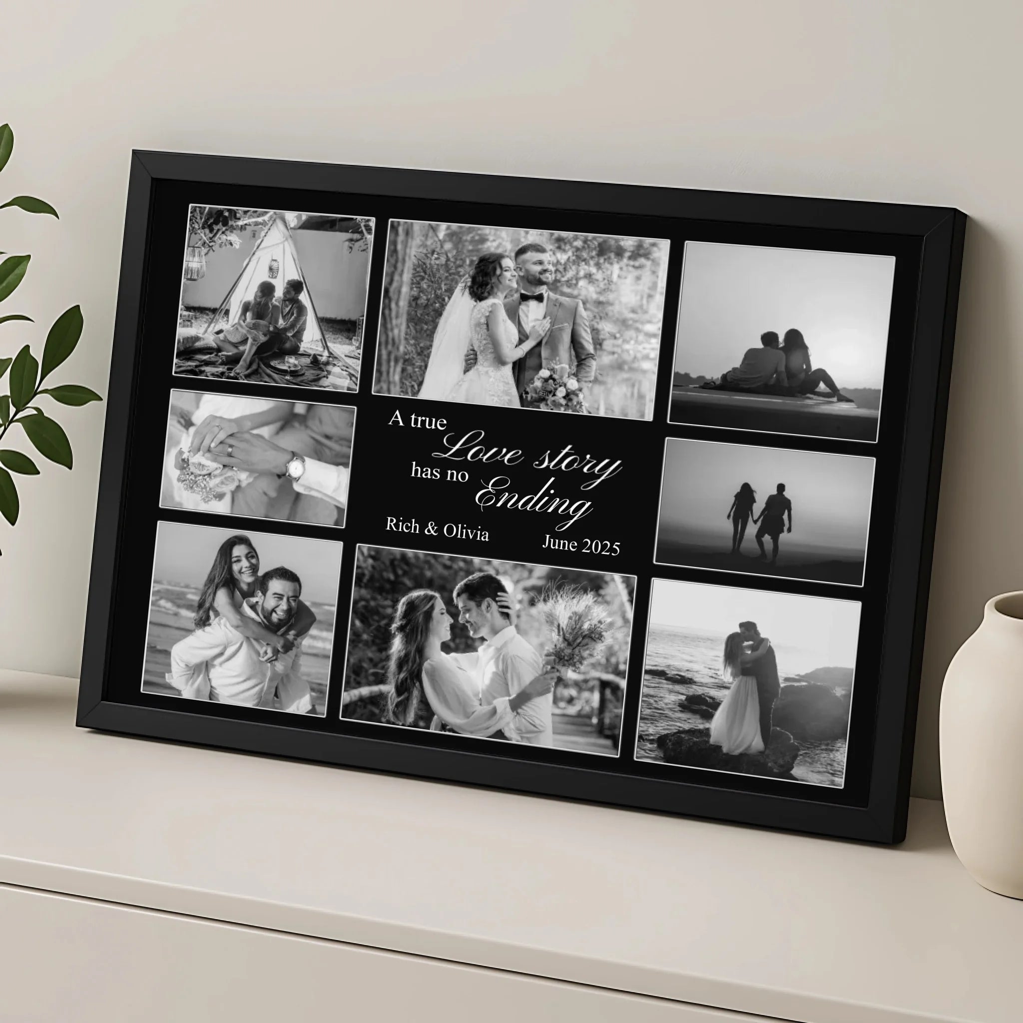 Close-up of a personalised photo collage print showing custom quote text between photos