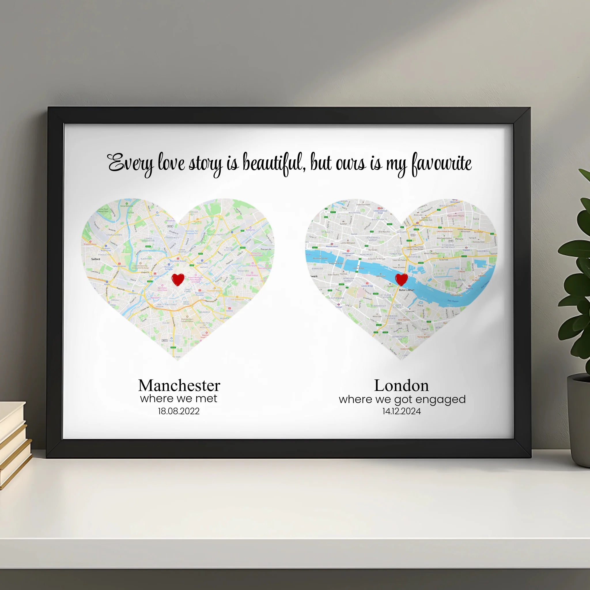 Double heart map print showing two UK locations personalised for a couple