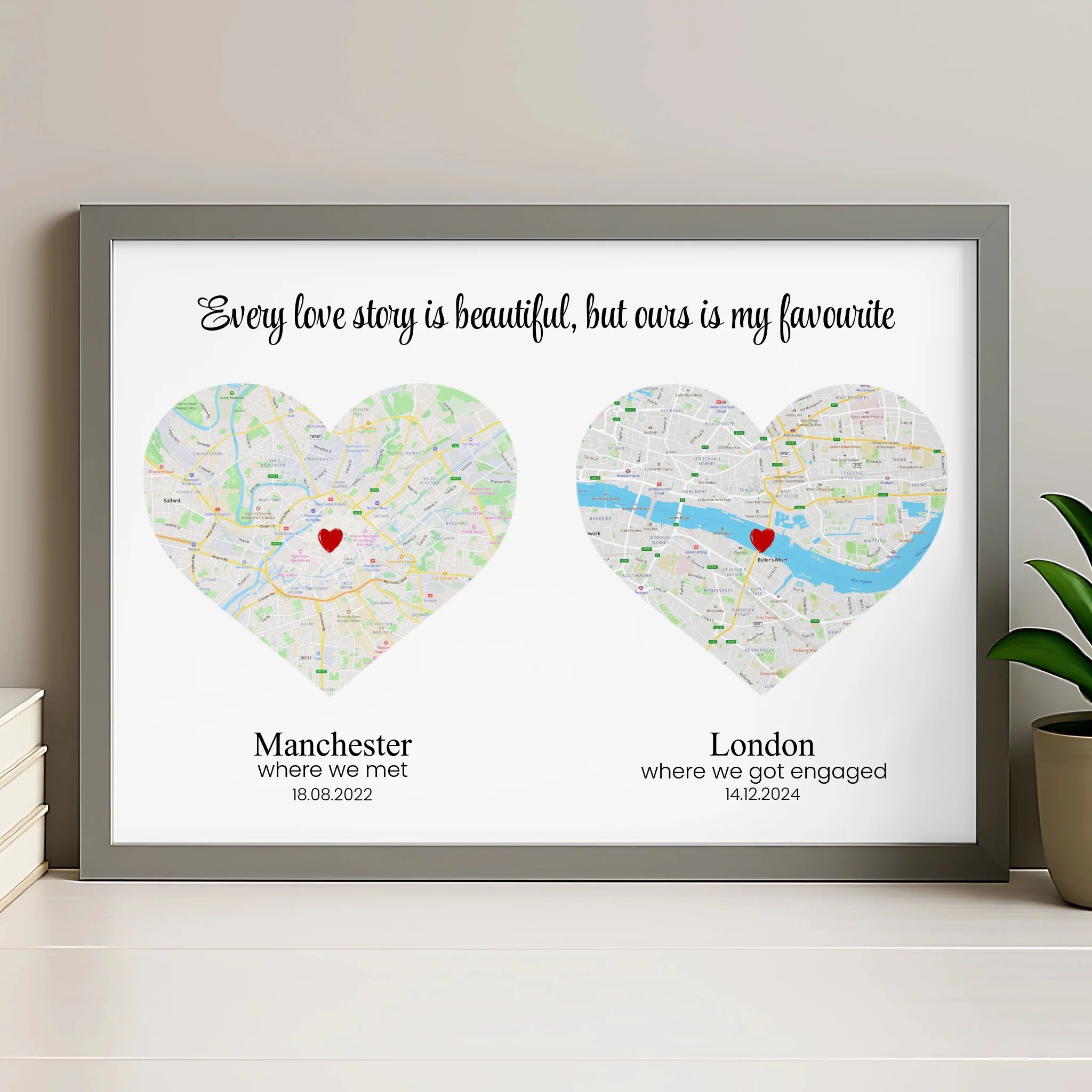 Double heart map print in grey frame with personalised locations and date