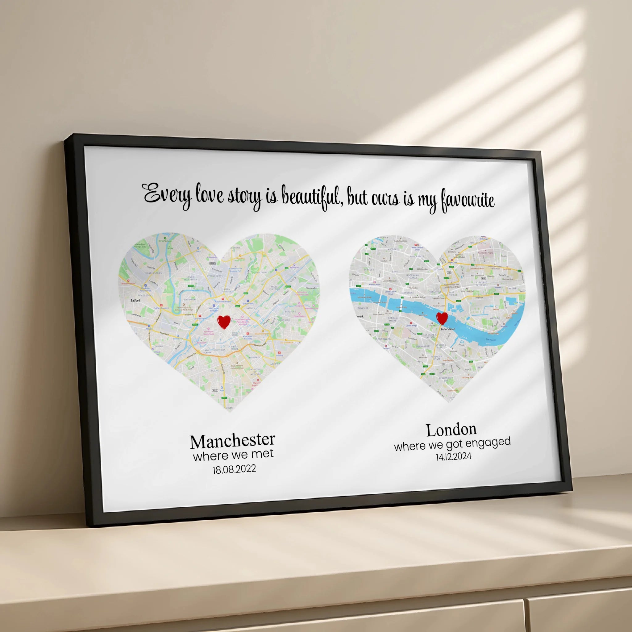 A3 framed double heart map print with personalised locations and date