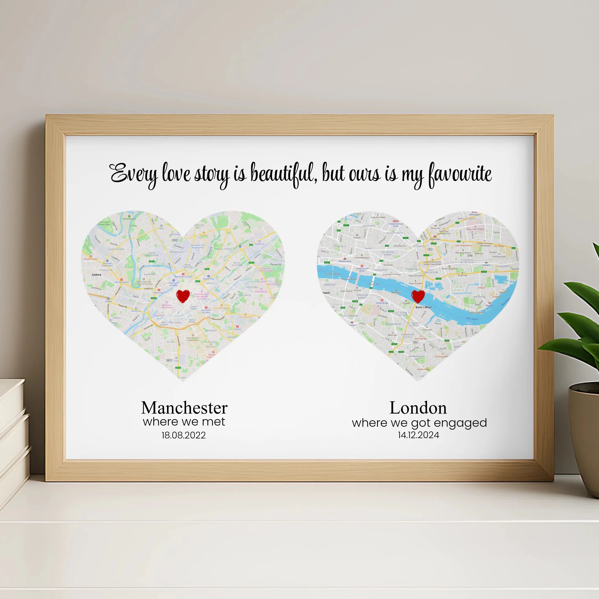 Personalised double heart map print in white frame showing two custom locations