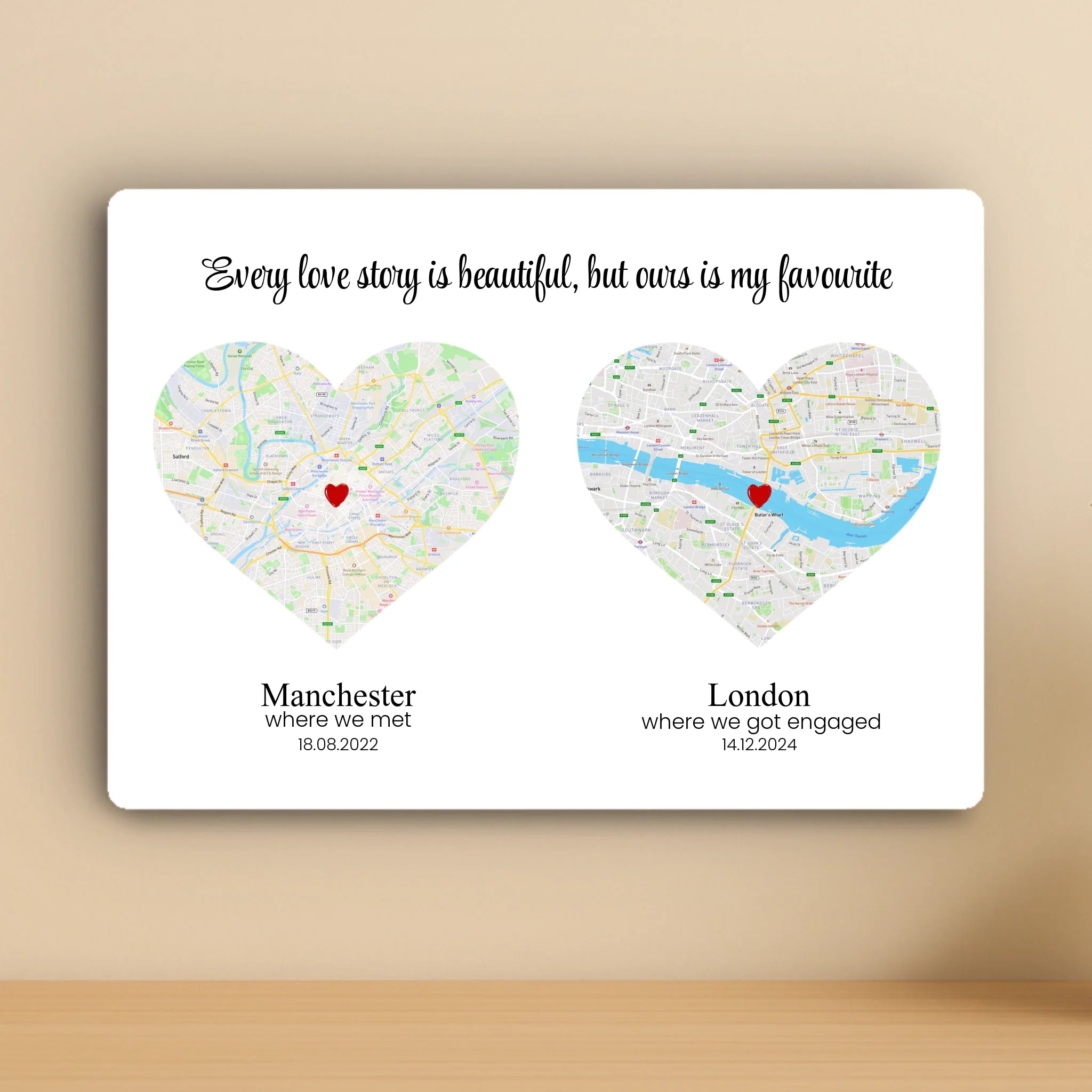 Personalised Double Heart Map Aluminium Panel – Two Location Design with Dates – A5/A4/A3 Metal Couple Gift