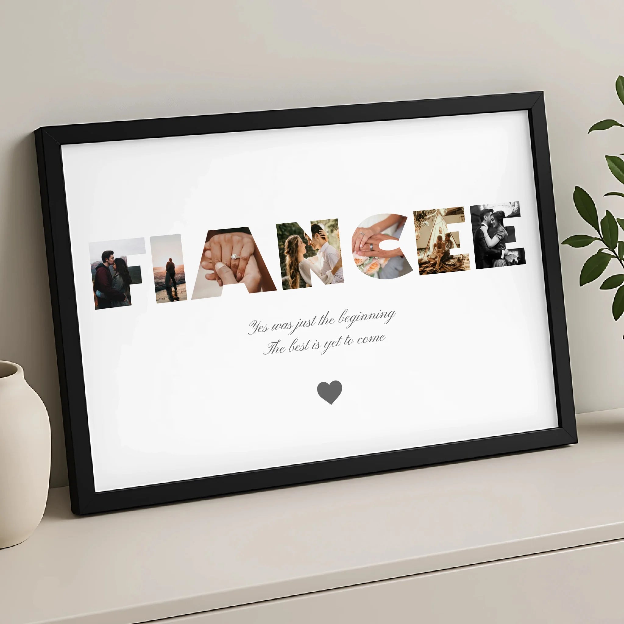 Close-up of personalised fiancée photo print showing individual photos filling the text