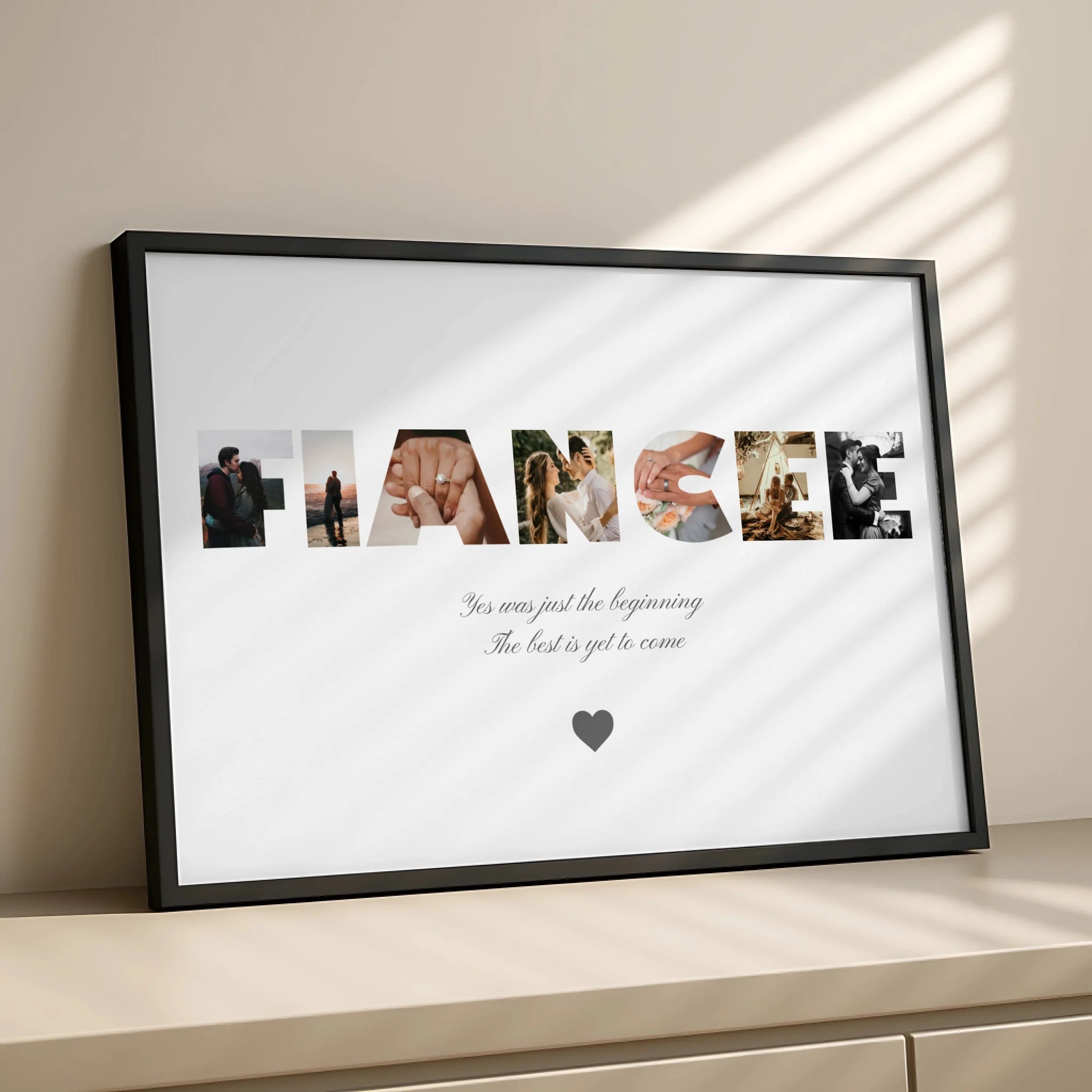 A3 personalised fiancée photo collage print displayed on a wall as an engagement gift