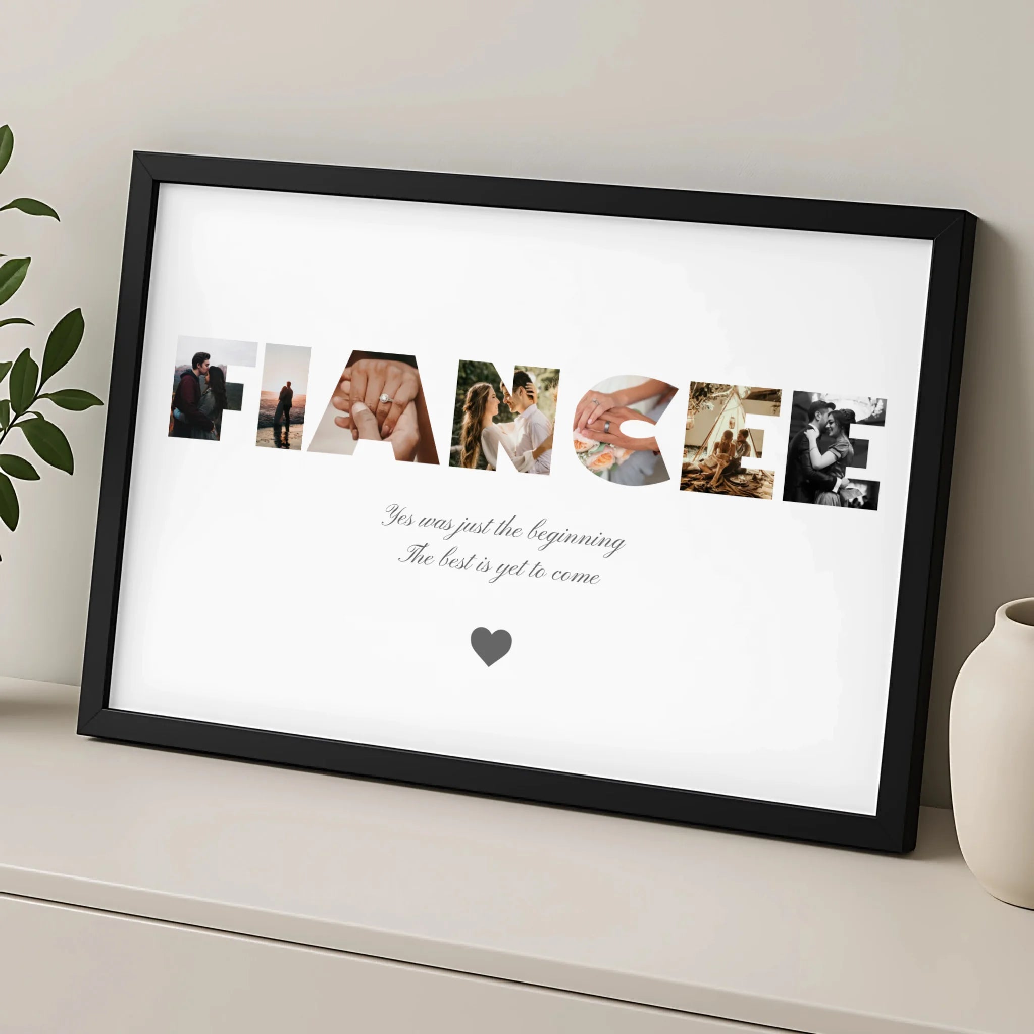 Personalised fiancée text photo print in A4 size showing couple photos inside the lettering