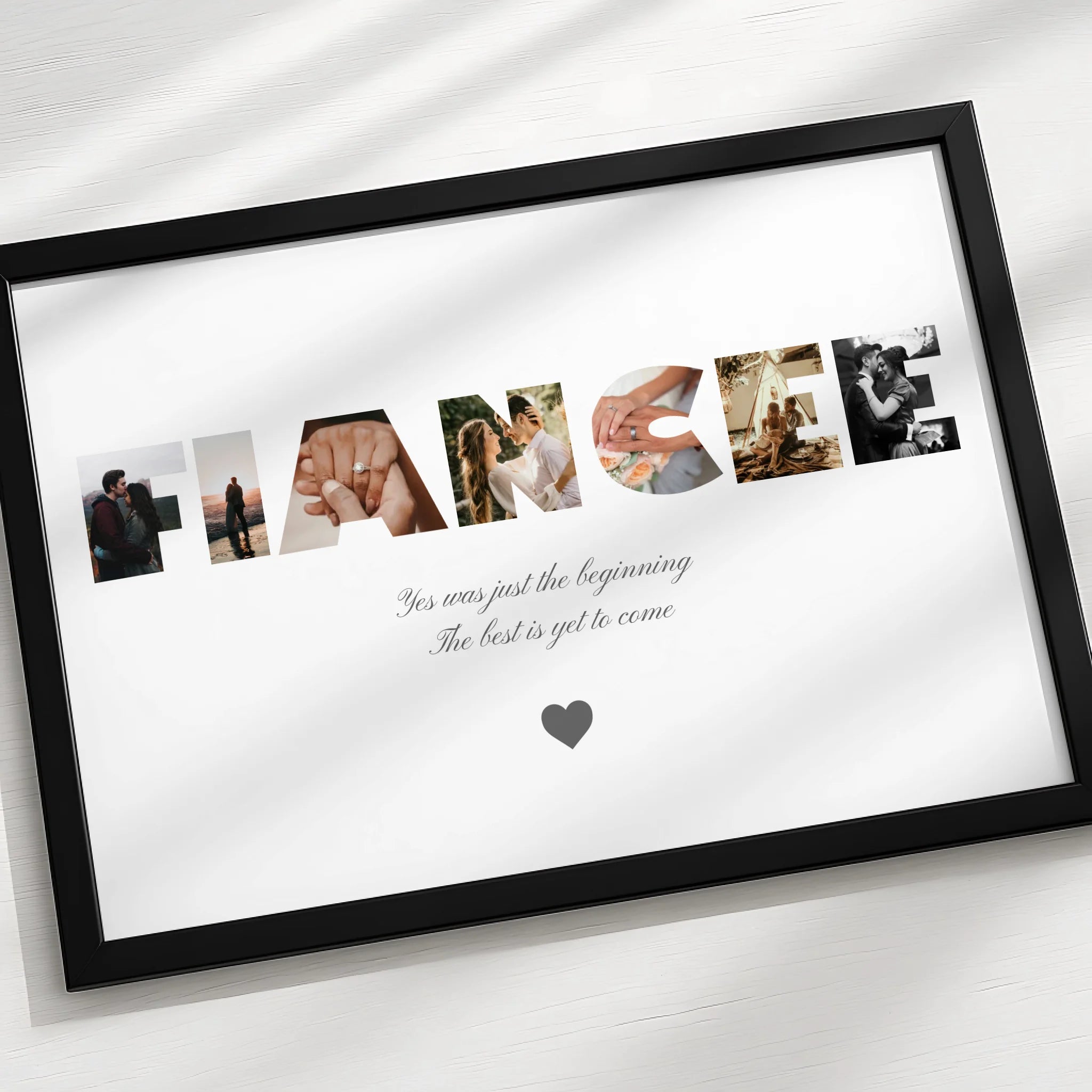 Framed personalised fiancée photo print showing photos arranged inside the word Fiancée