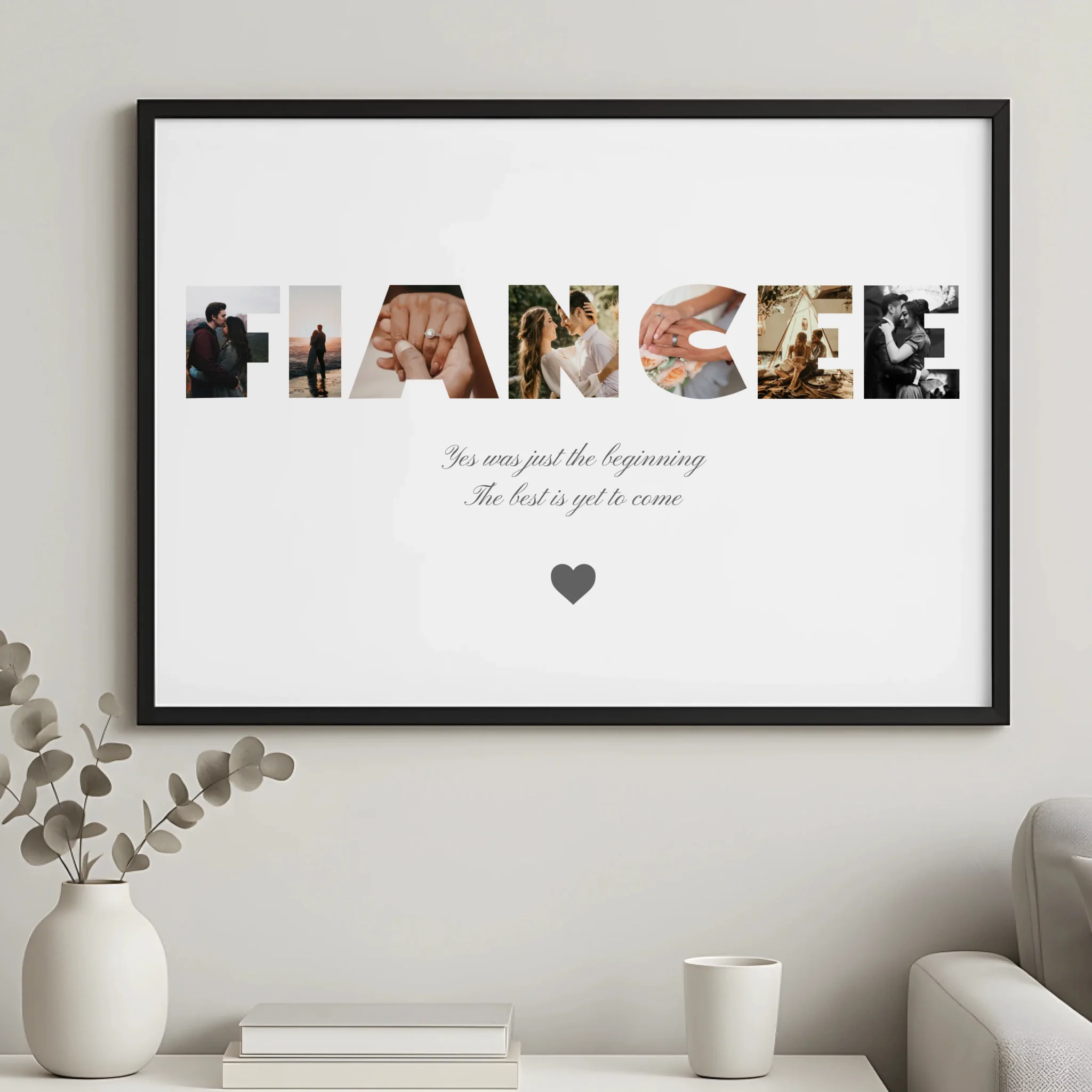 Detail view of custom fiancée text photo collage print with multiple couple photos inside letters