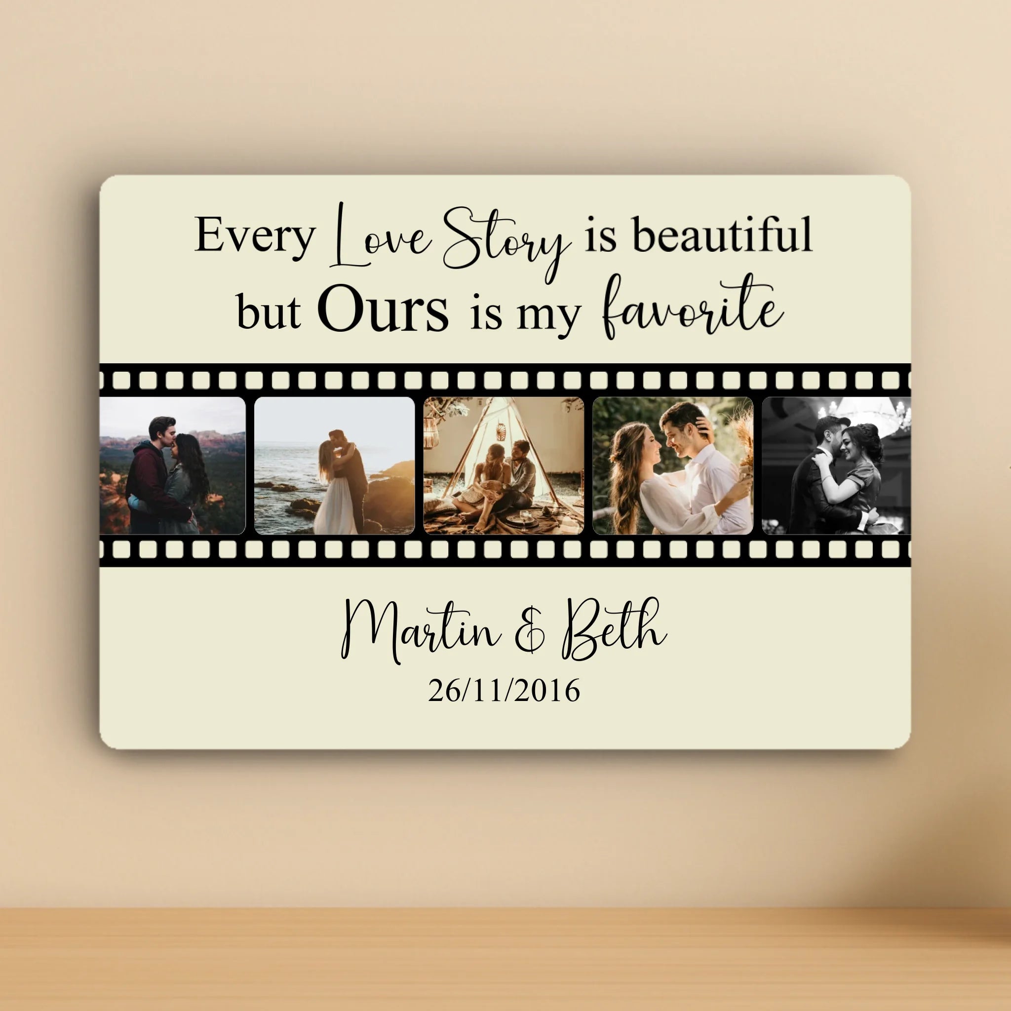 Personalised Film Strip Photo Collage Aluminium Panel – Custom Names & Date – A5/A4/A3 Metal Couple Gift