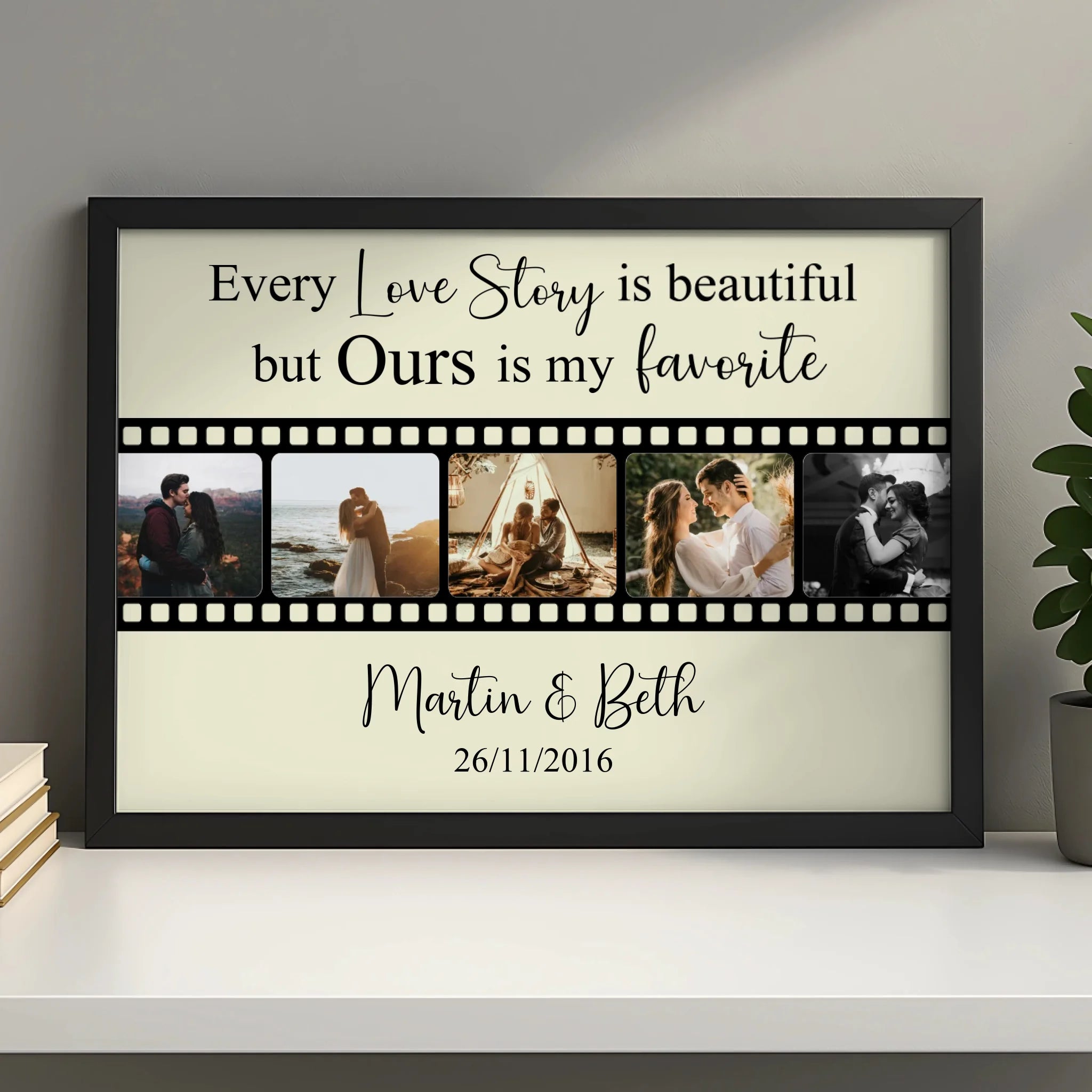 Personalised photo frame gift featuring a film strip collage print