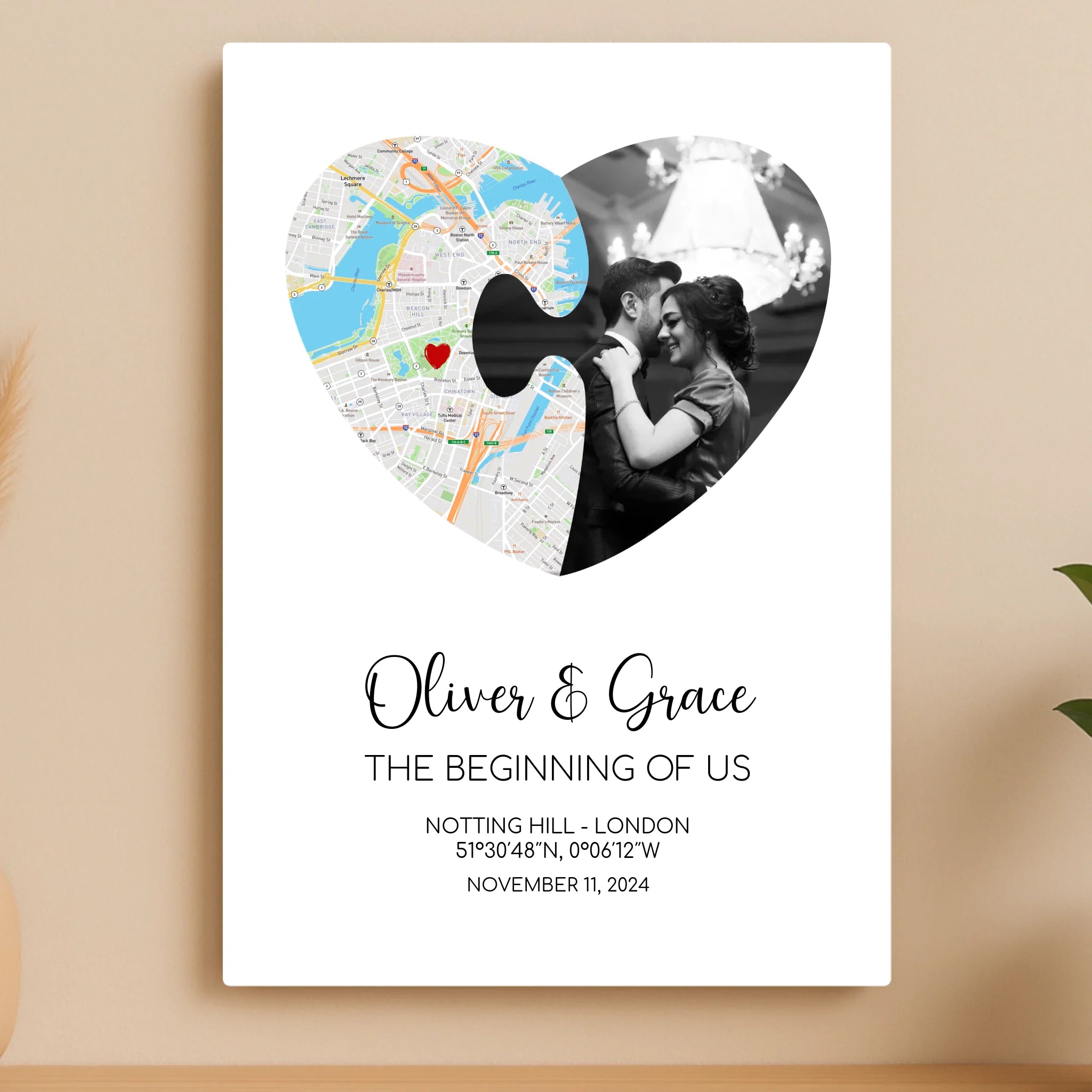 Personalised Puzzle Piece Heart Aluminium Panel – Custom Map & Photo Design with Names & Date – A5/A4/A3 Metal Gift