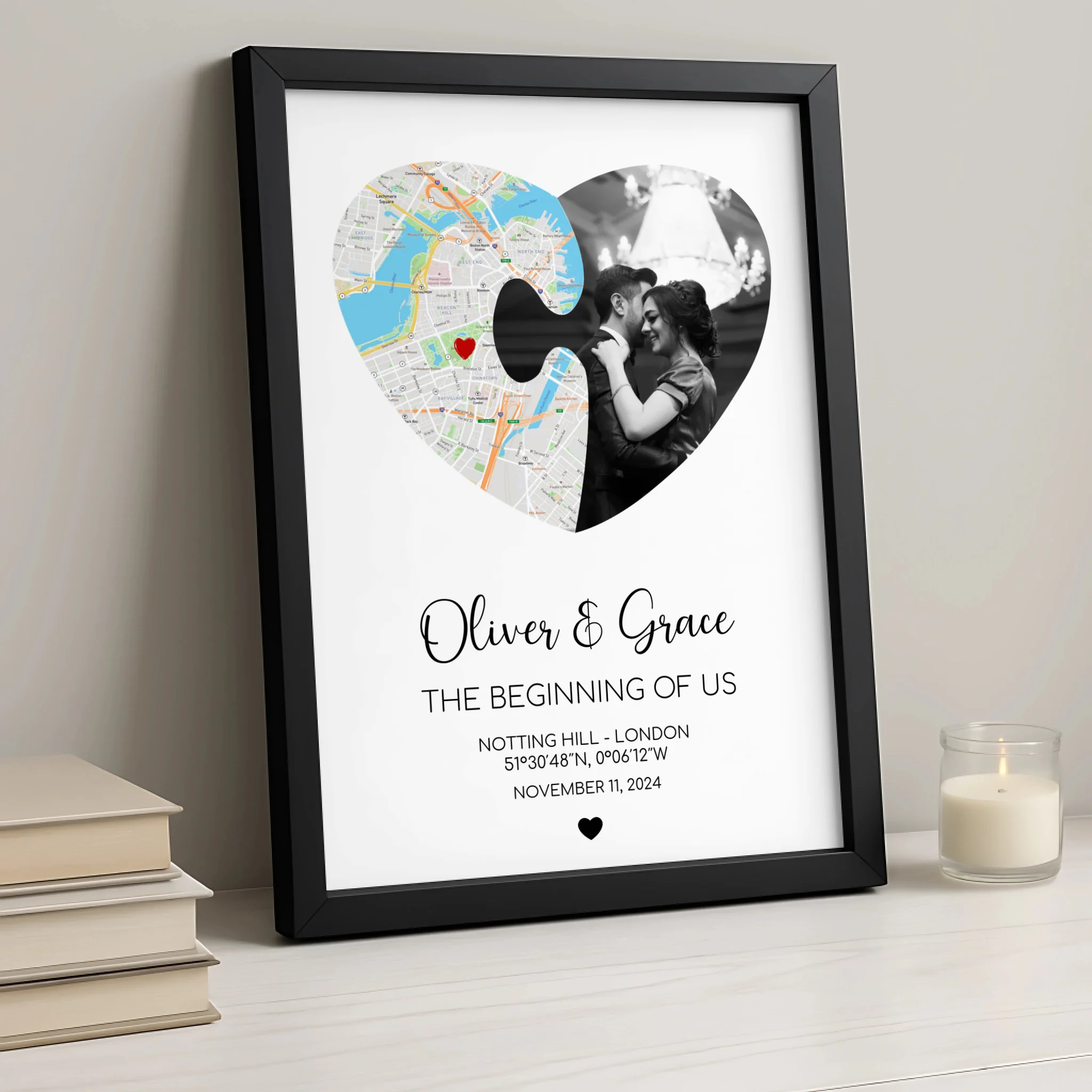Personalised Puzzle Piece Heart Print – Custom Map & Photo Design with Names, Date & Location – A4/A3 Framed Gift