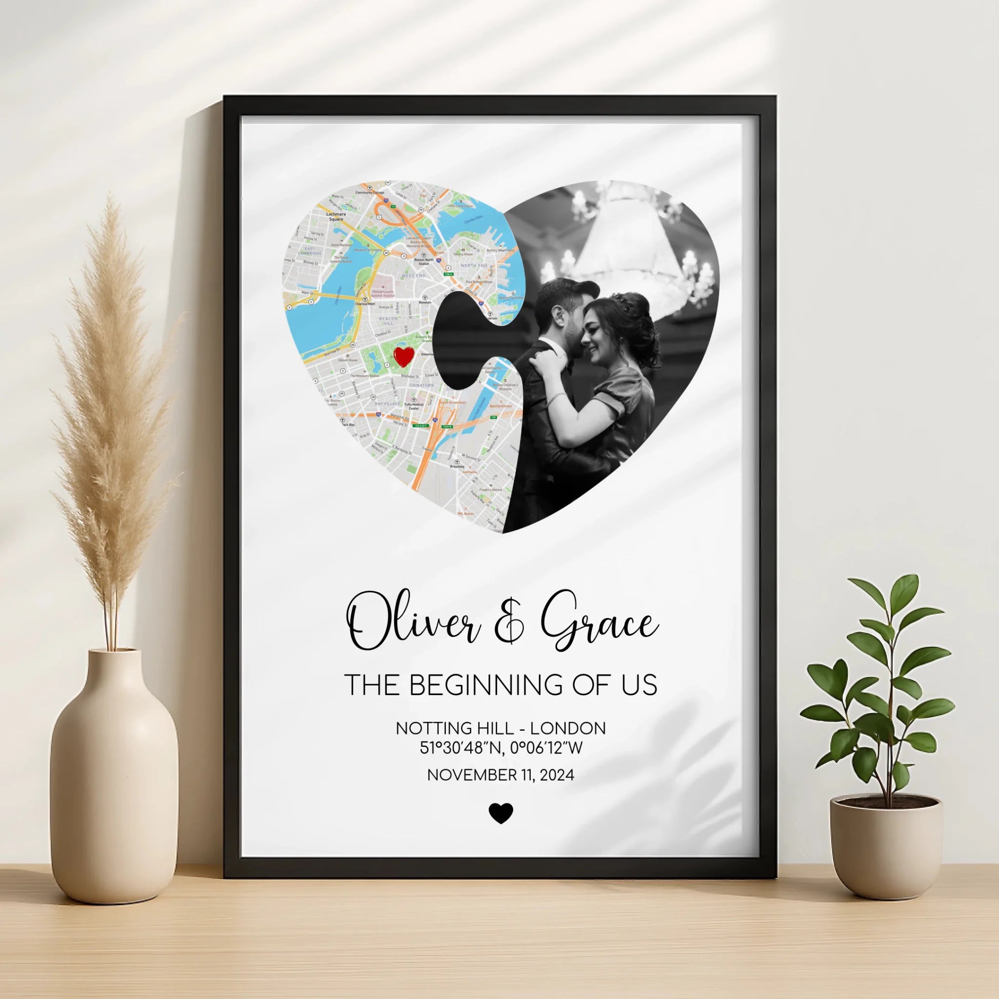 Personalised puzzle piece heart frame featuring a map design and a couple's names