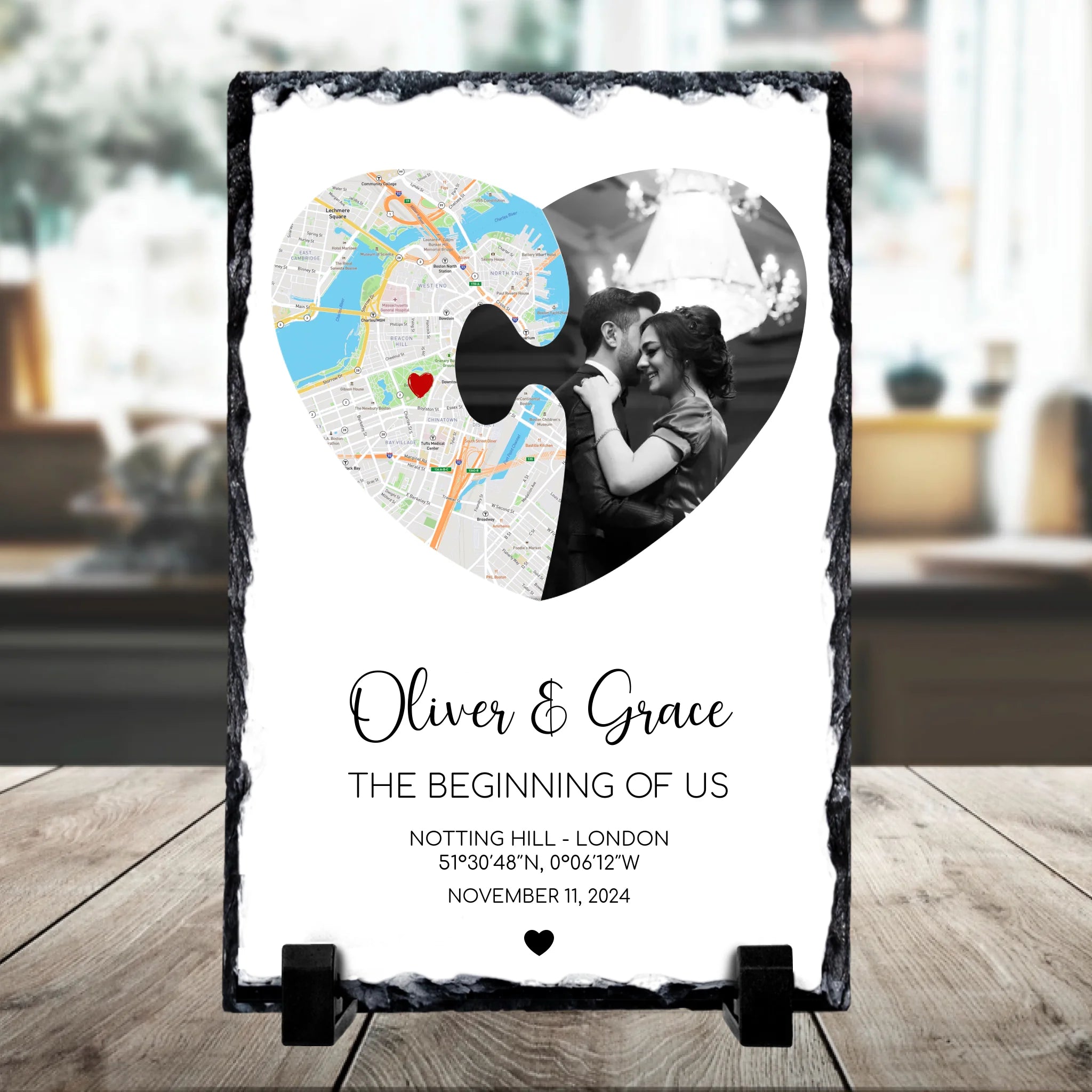 Personalised photo slate with puzzle piece heart design, custom map, names and date printed on rectangular slate