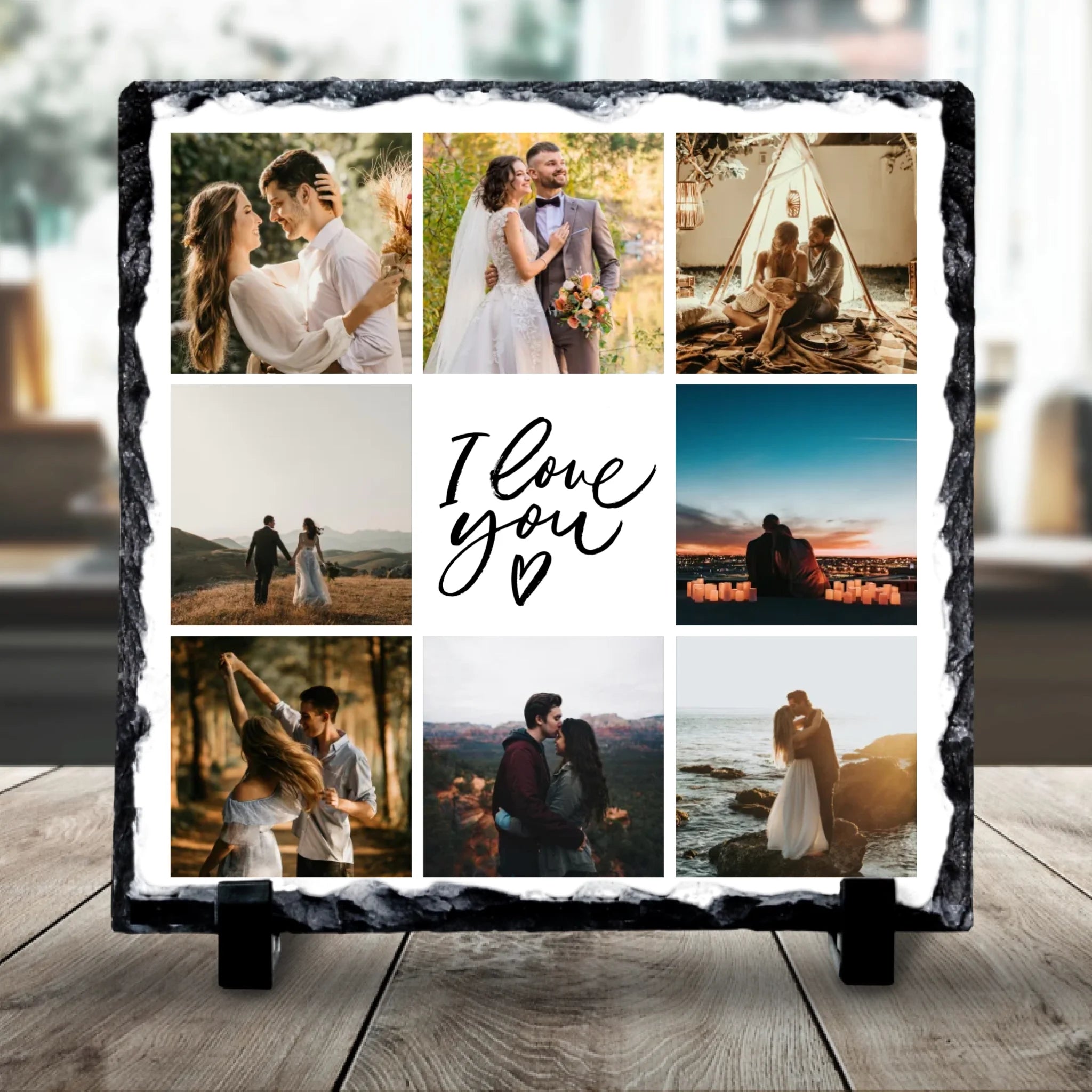 Personalised 9 Photo Collage Slate – Custom Gift with “I Love You” Centre