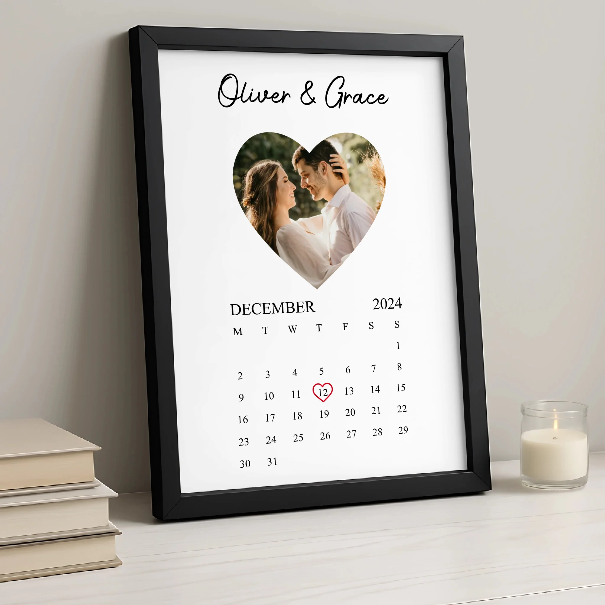 Close-up of a personalised heart photo print showing custom name and date text