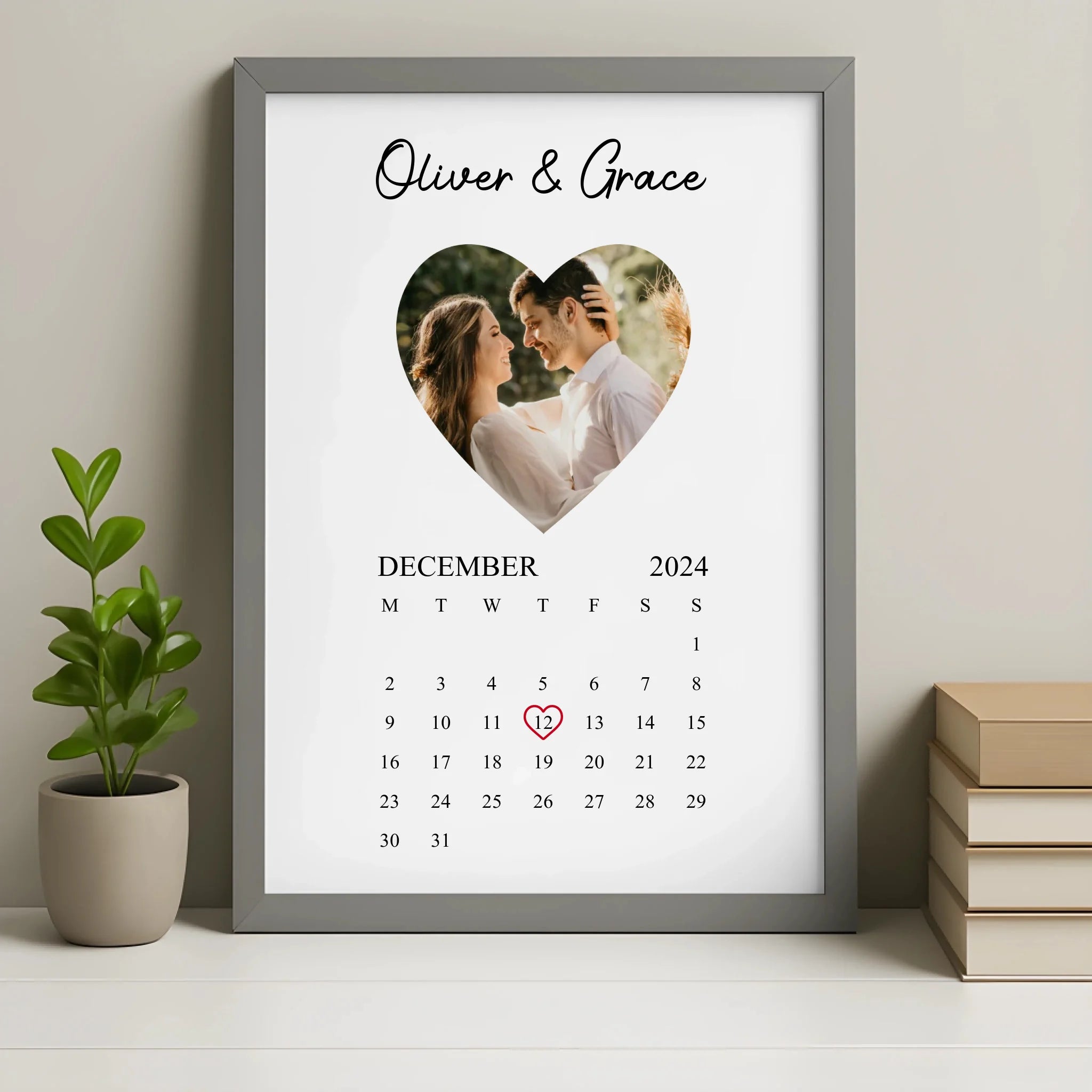 Personalised heart photo print displayed in a grey frame