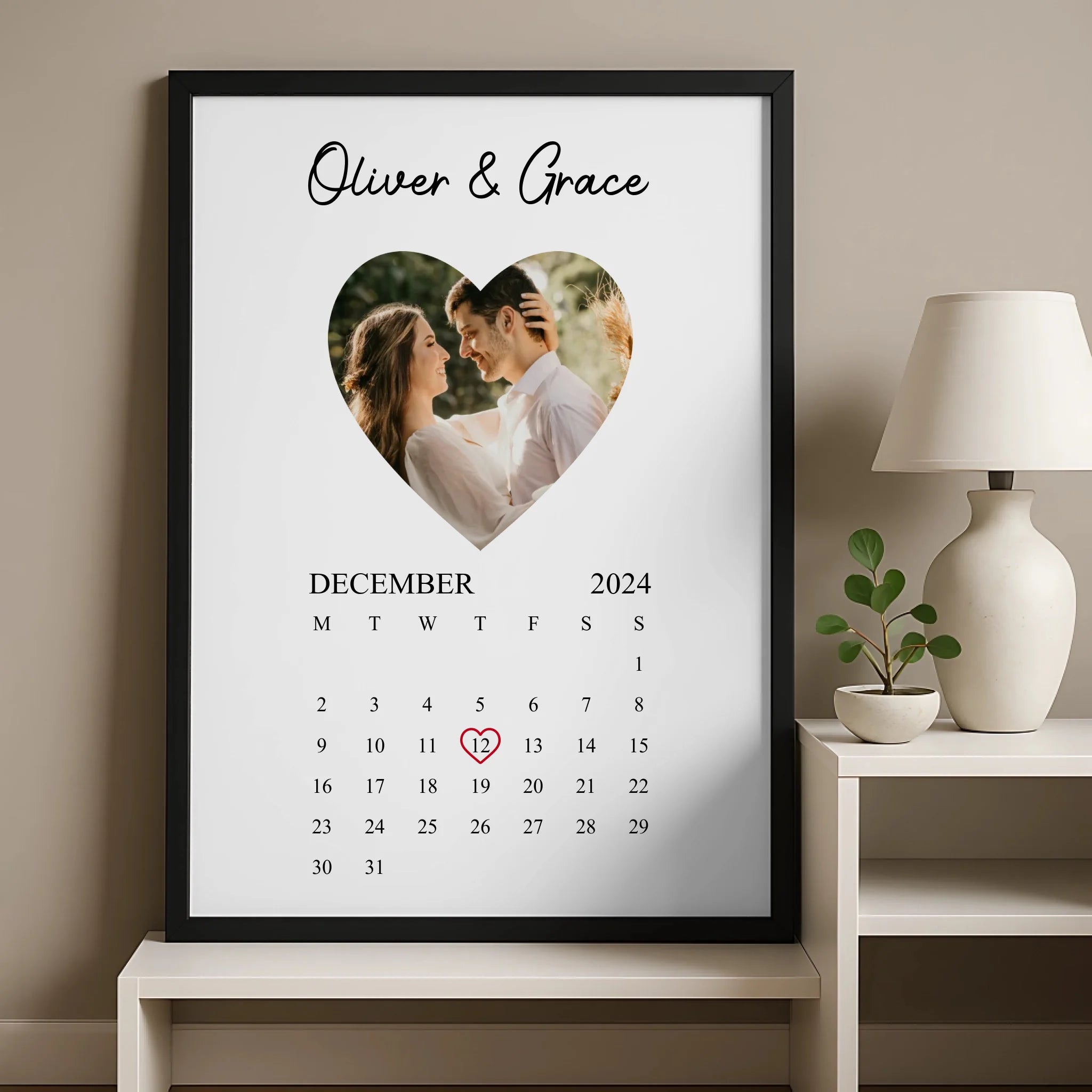 Personalised calendar photo print laid flat showing heart layout and photo placement