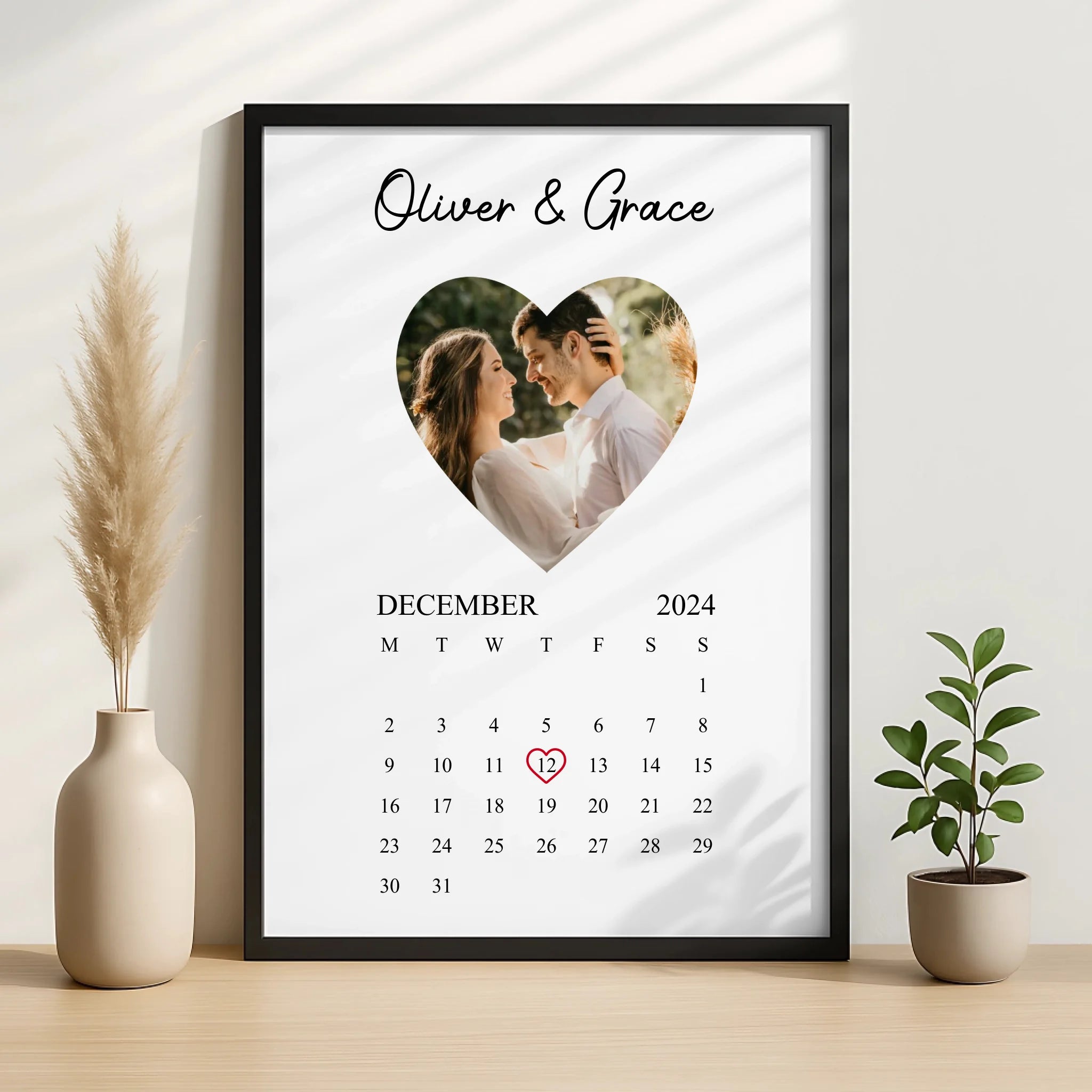 Personalised photo calendar print in A3 size with heart design and couple names