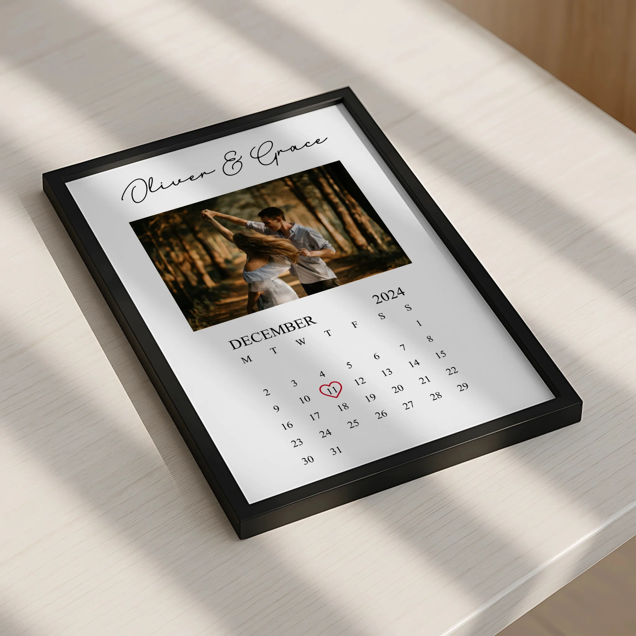Personalised framed photo print with calendar date layout and custom name