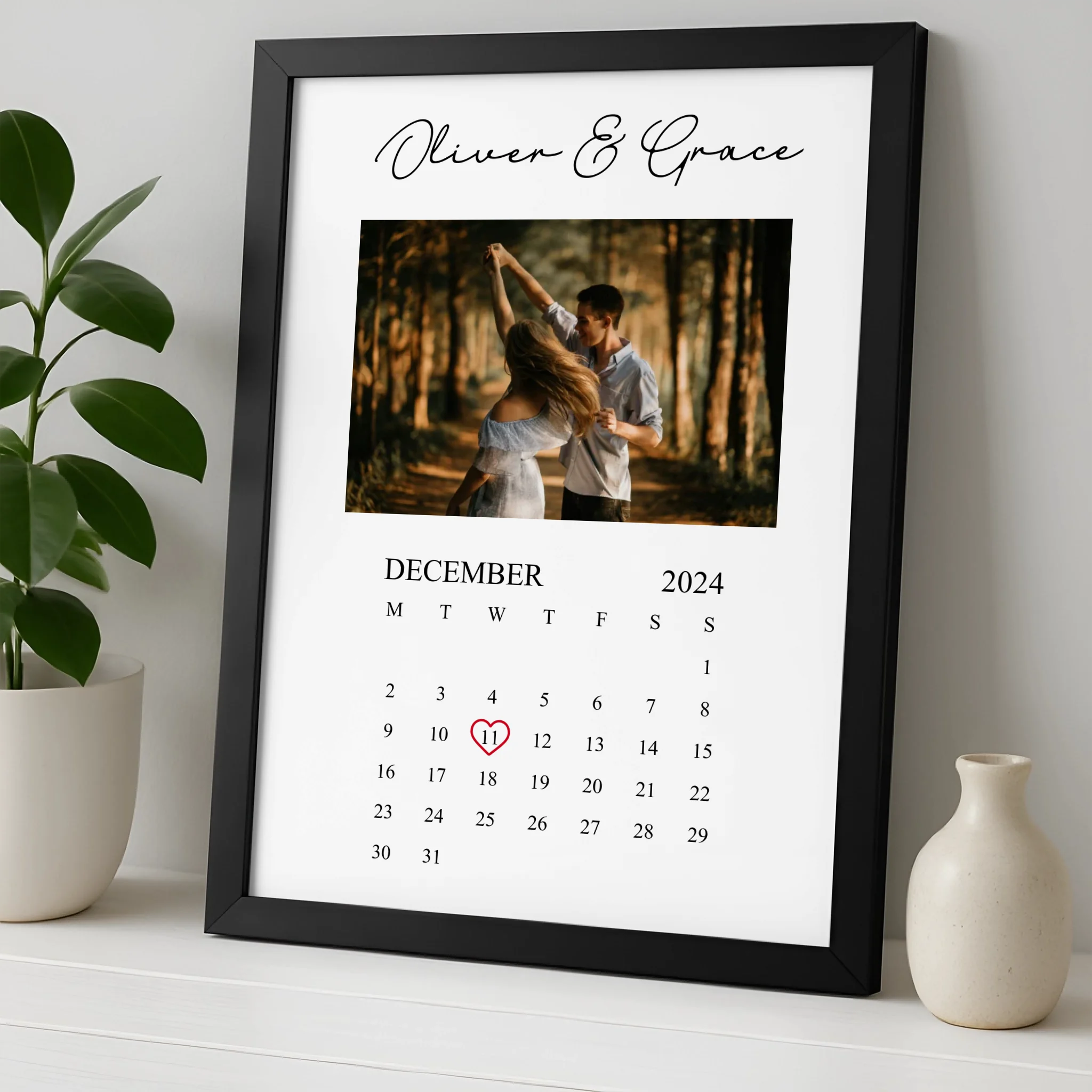 Custom photo frame print with personalised name and date, shown in white frame
