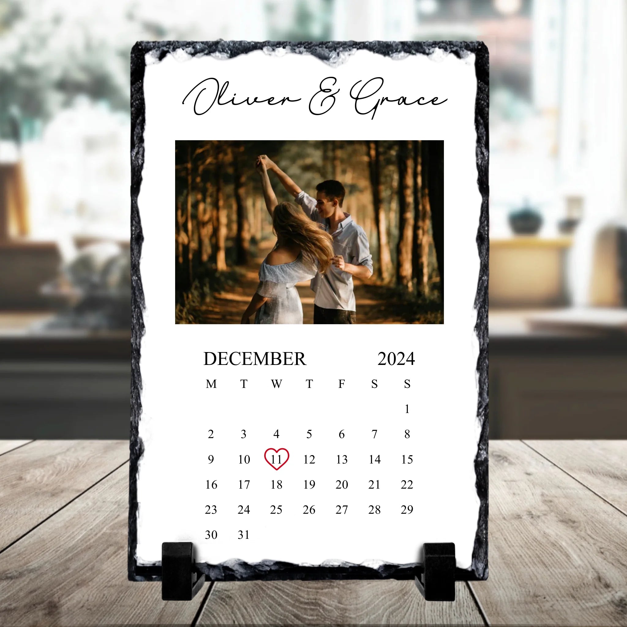 Personalised rectangular photo slate with a custom photo, names and special date printed on it