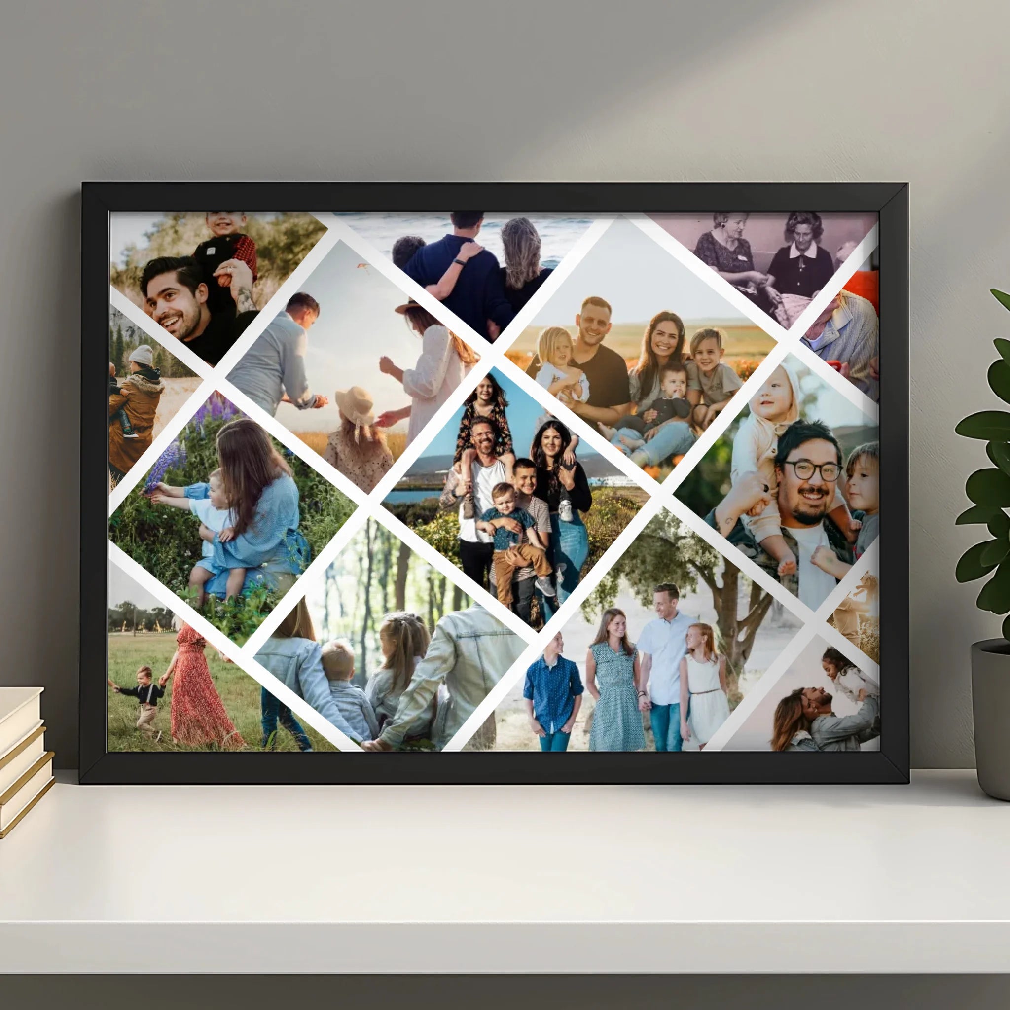 Personalised family photo collage print in diamond grid layout displayed on wall
