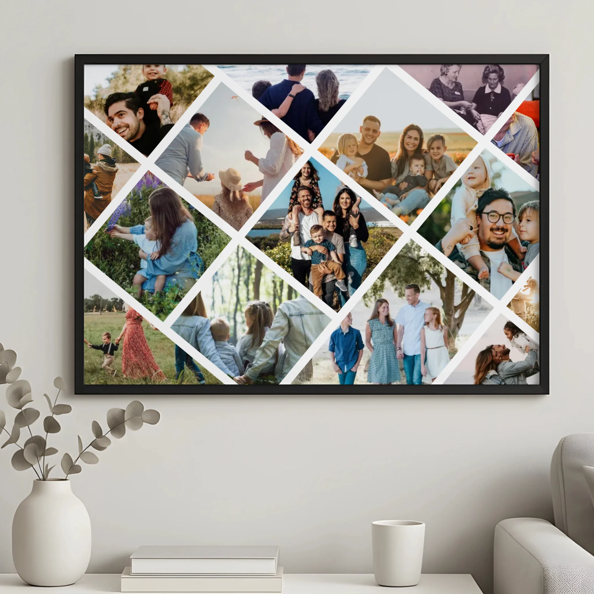 Personalised photo frame with diamond grid collage in A4 size on a shelf