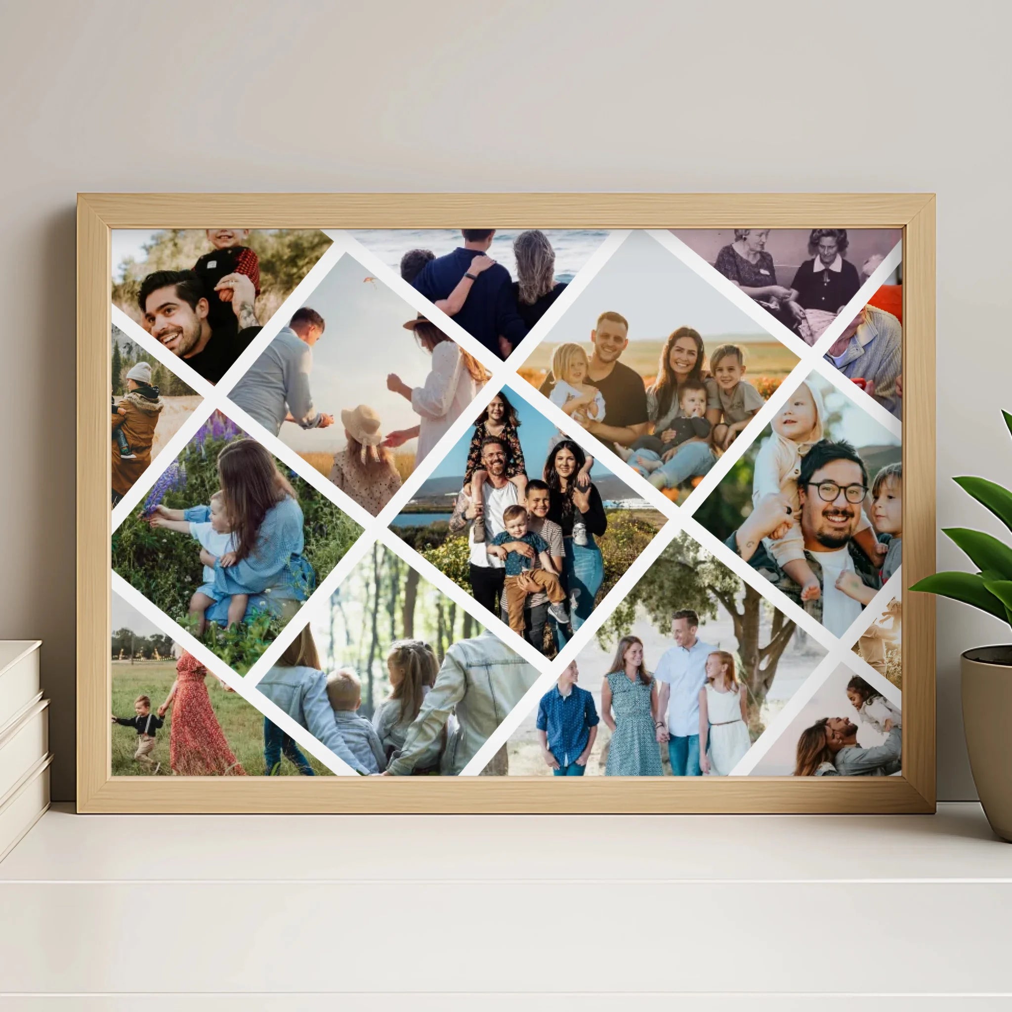 Personalised diamond grid photo collage print in white frame, A4 size