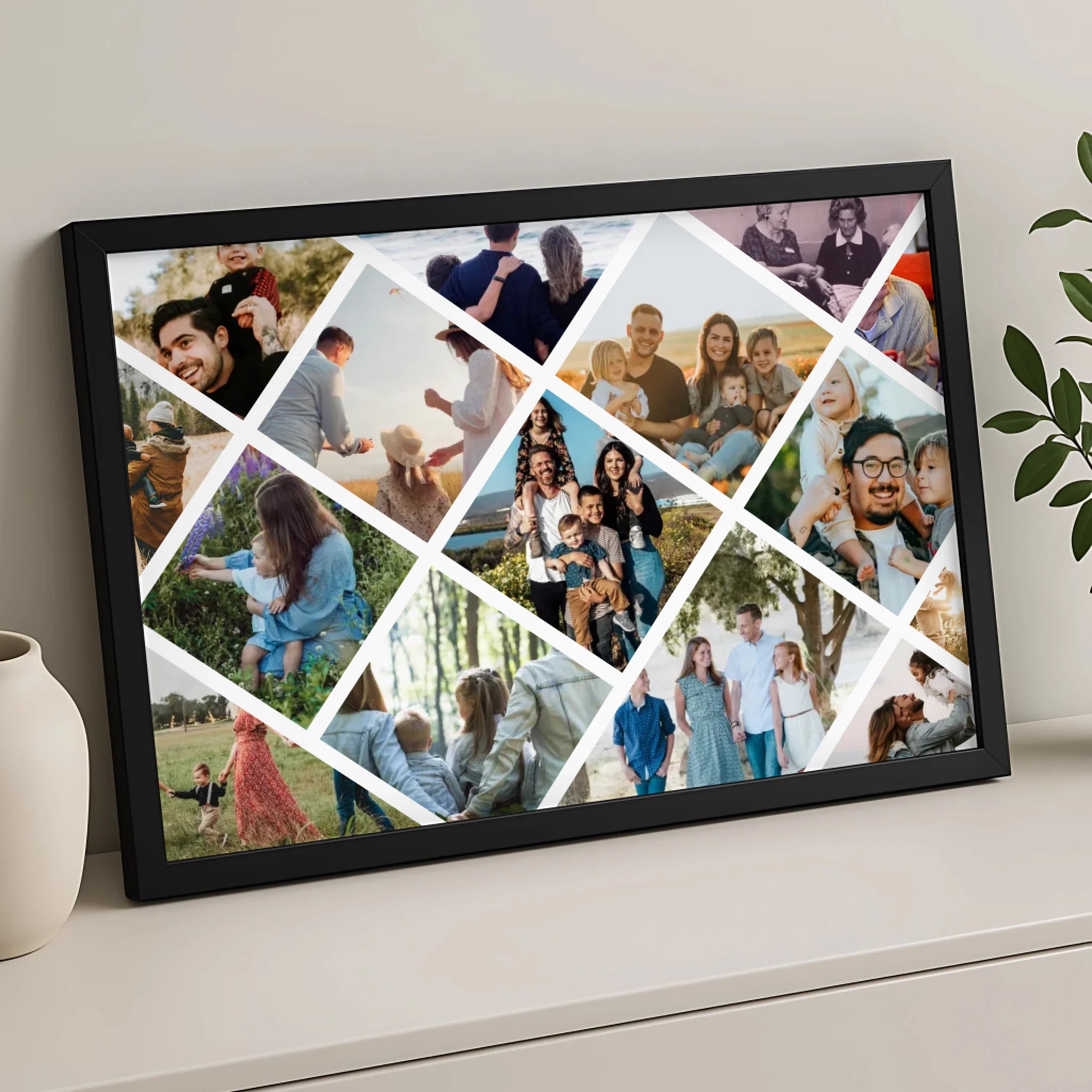 Custom 15 photo collage print in diamond grid layout shown in white frame