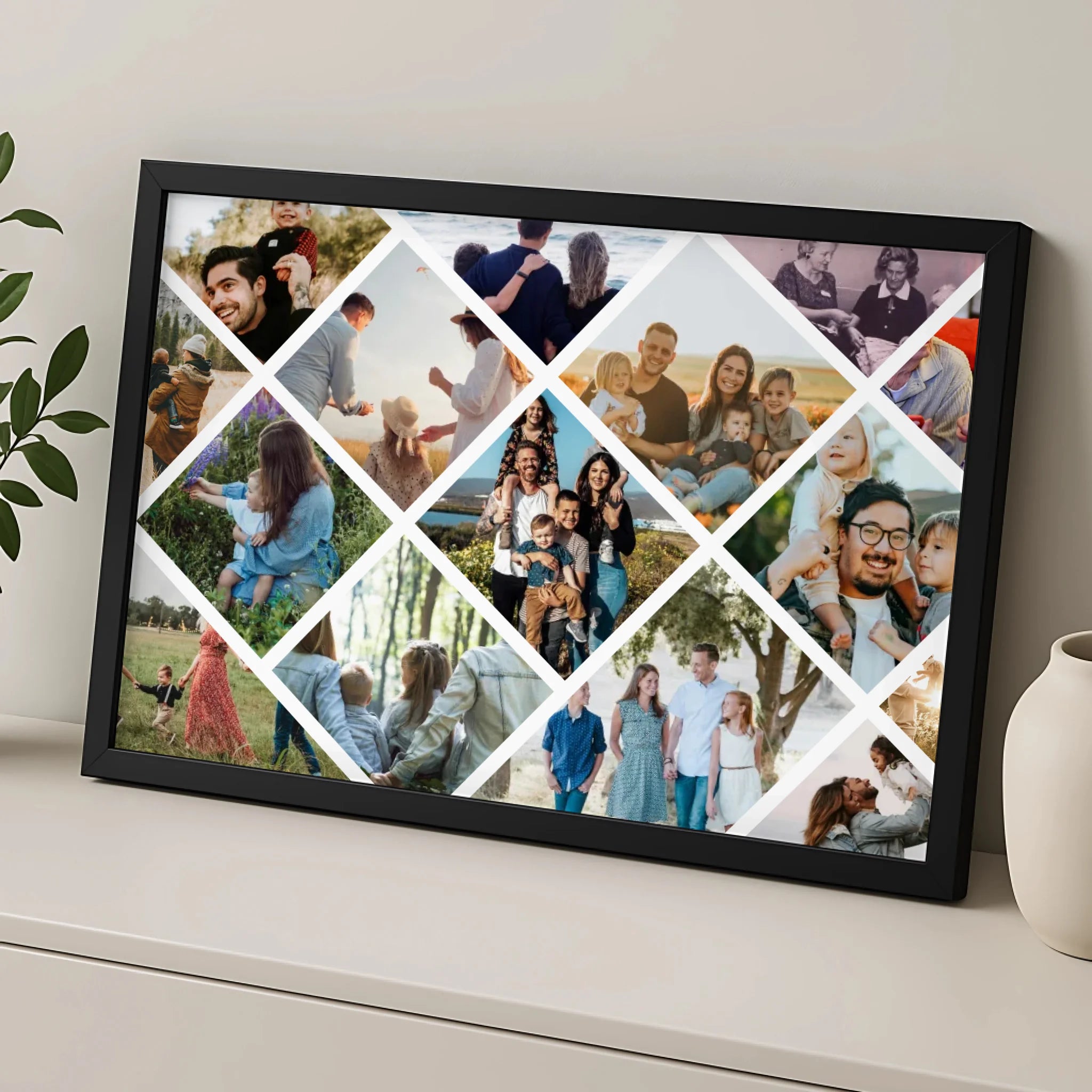 Close-up of personalised diamond grid photo collage print with 15 custom photos