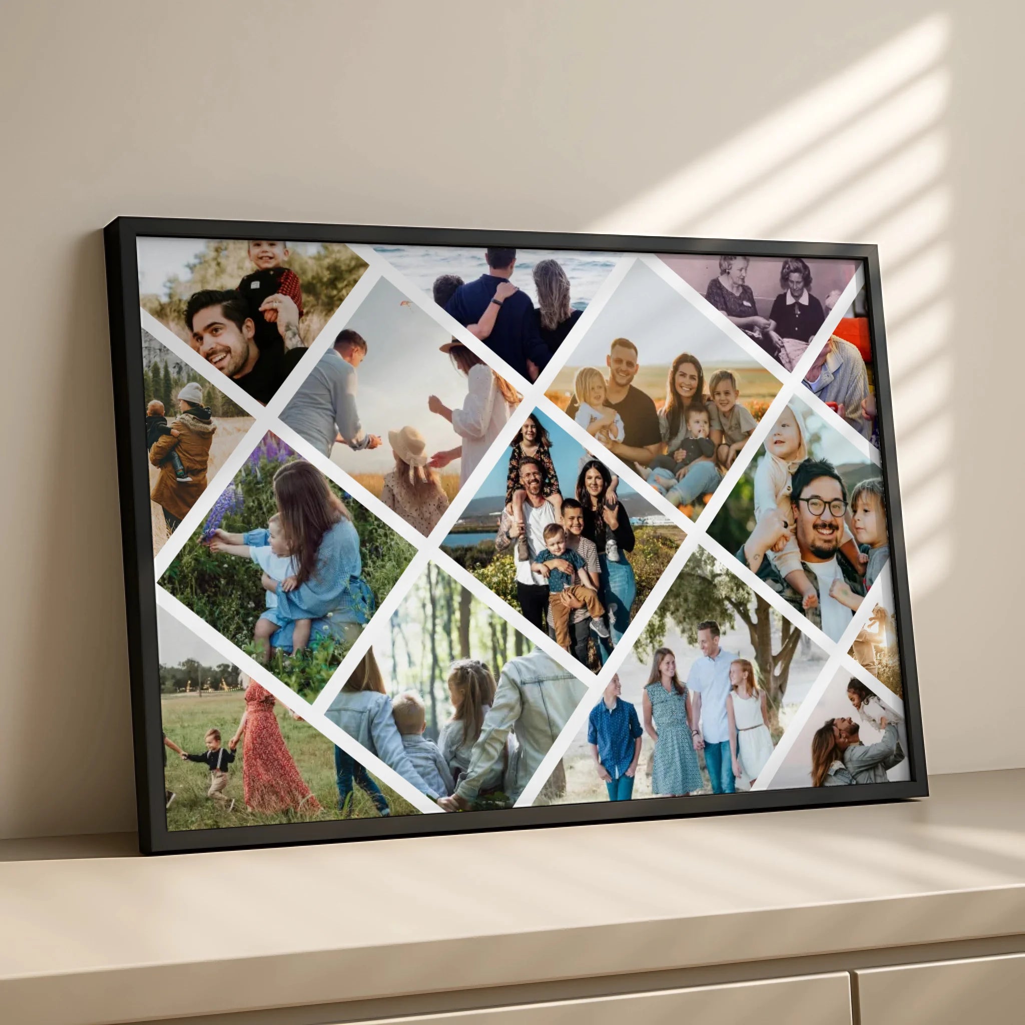 A3 personalised photo frame with diamond grid collage design featuring family photos