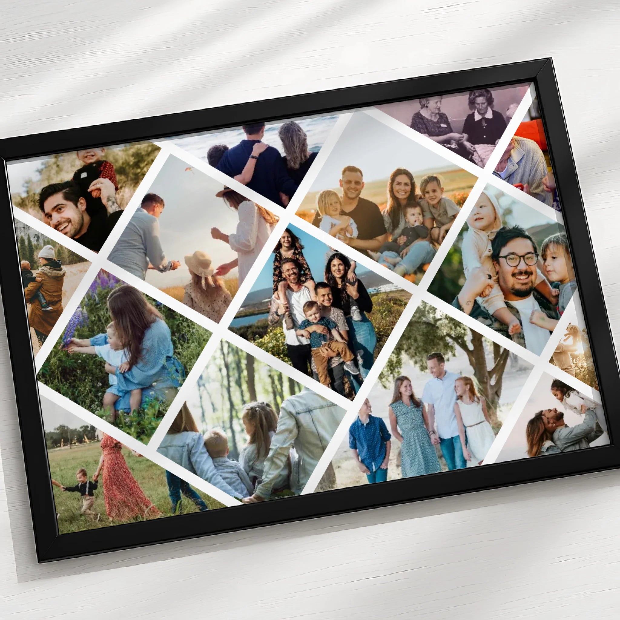 Custom photo collage frame gift showing diamond grid design with 15 photos