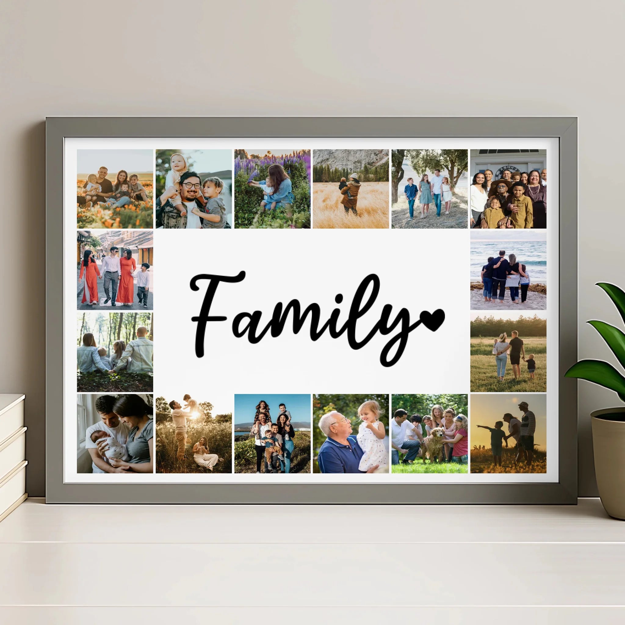 Personalised photo collage print in a grey frame with 16 family photos and centre text