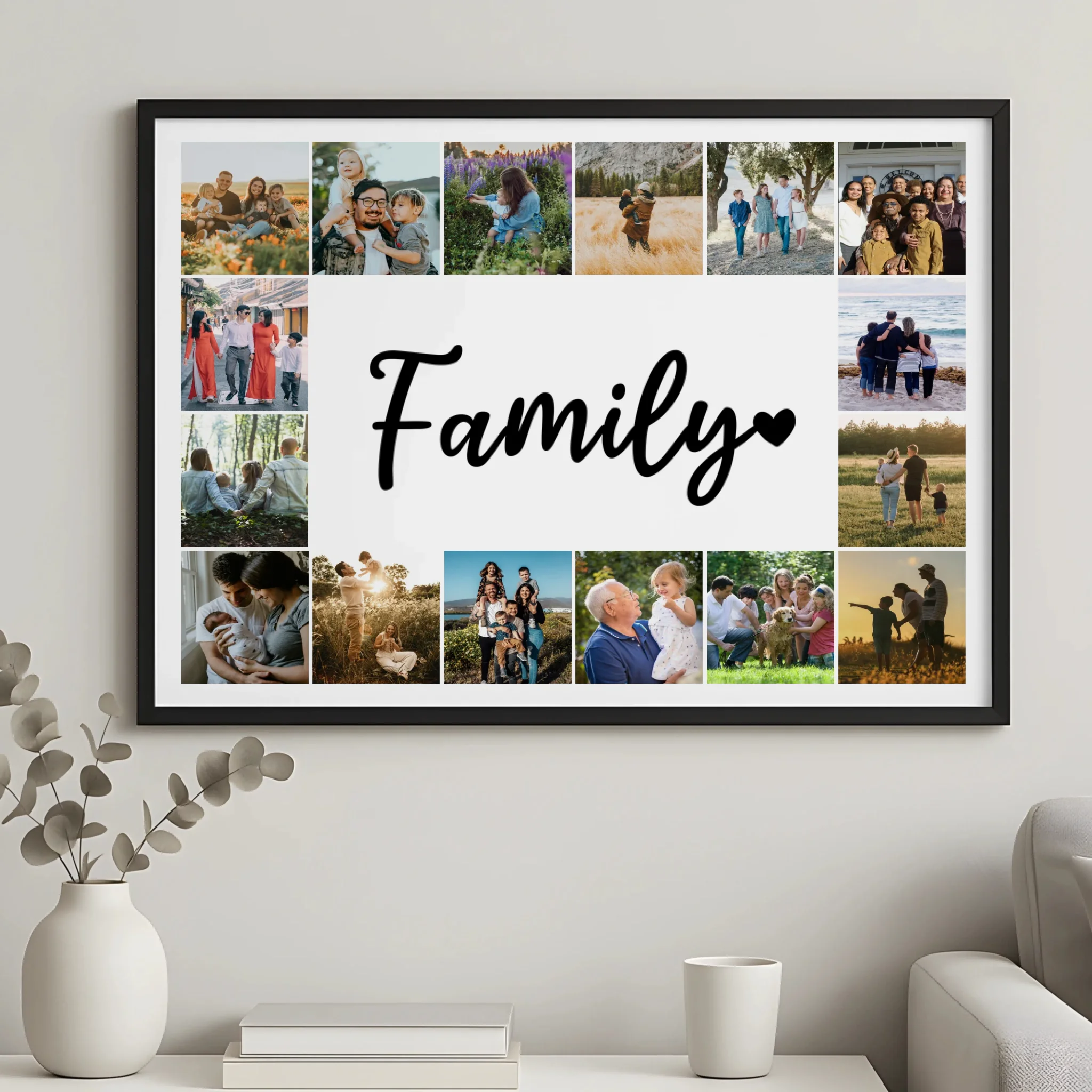 Personalised family collage photo frame gift showing layout of 16 photos in A4 size