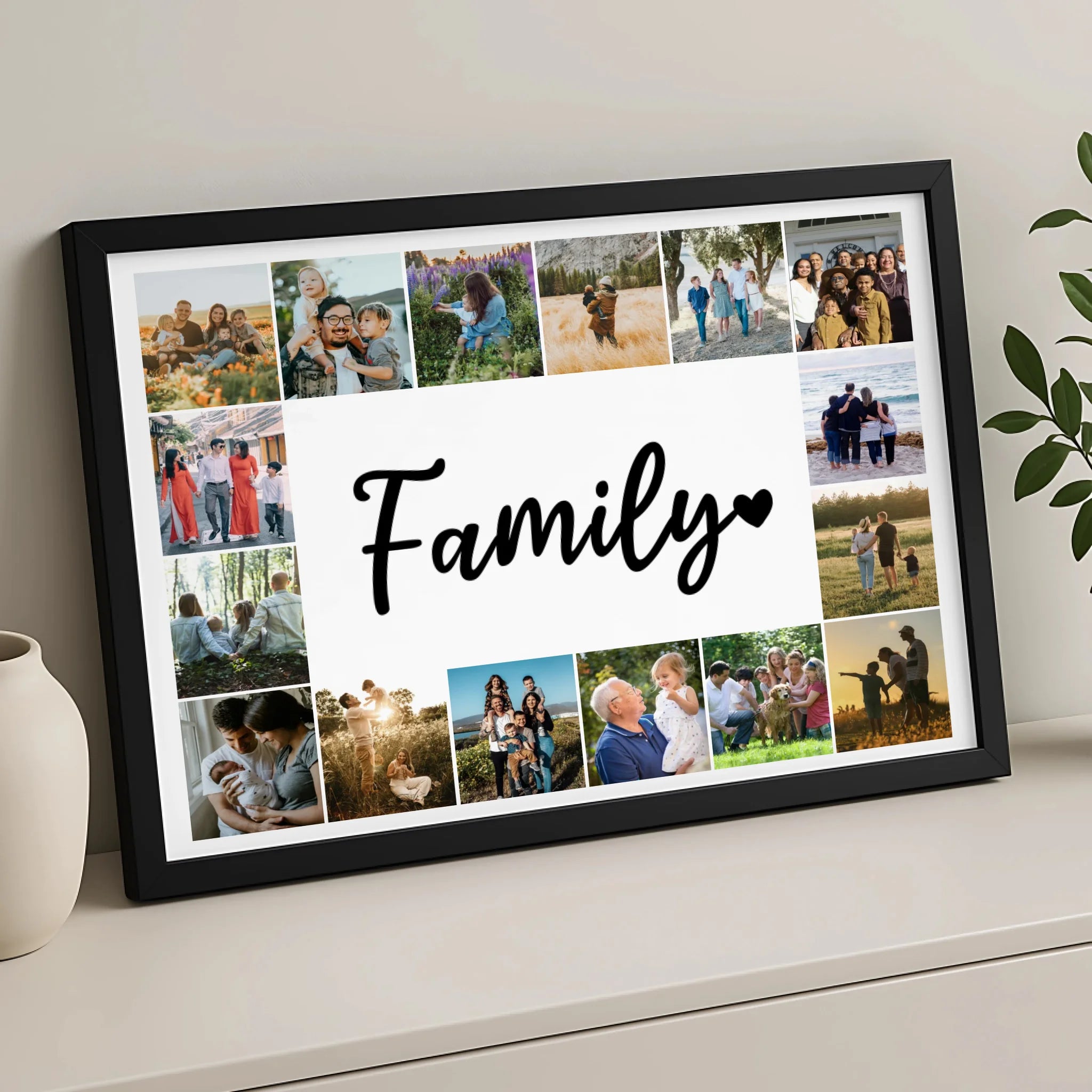 Custom 16-photo family collage print shown in a white frame on a light background