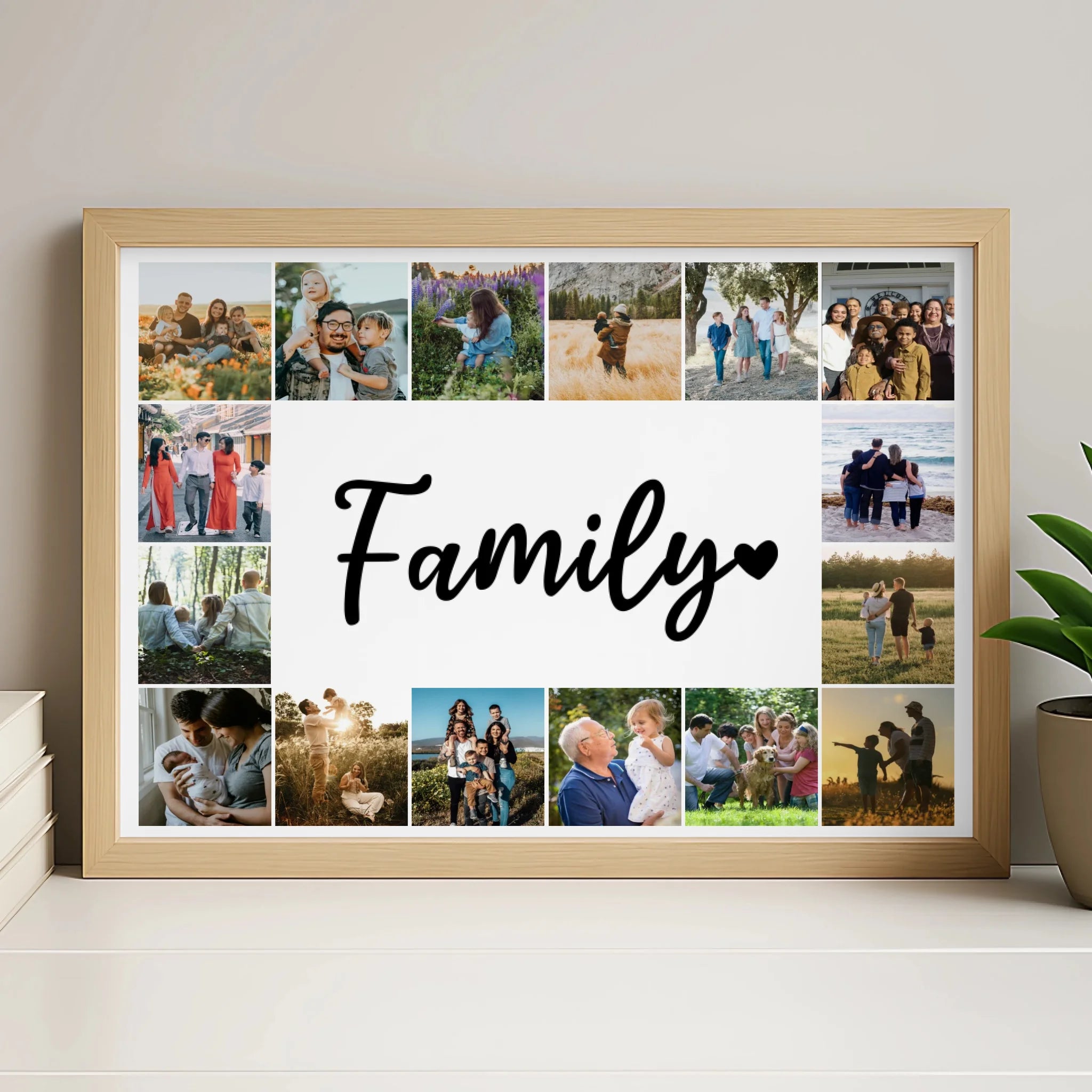 Personalised family photo collage print in a white frame, A4 size with 16 photos