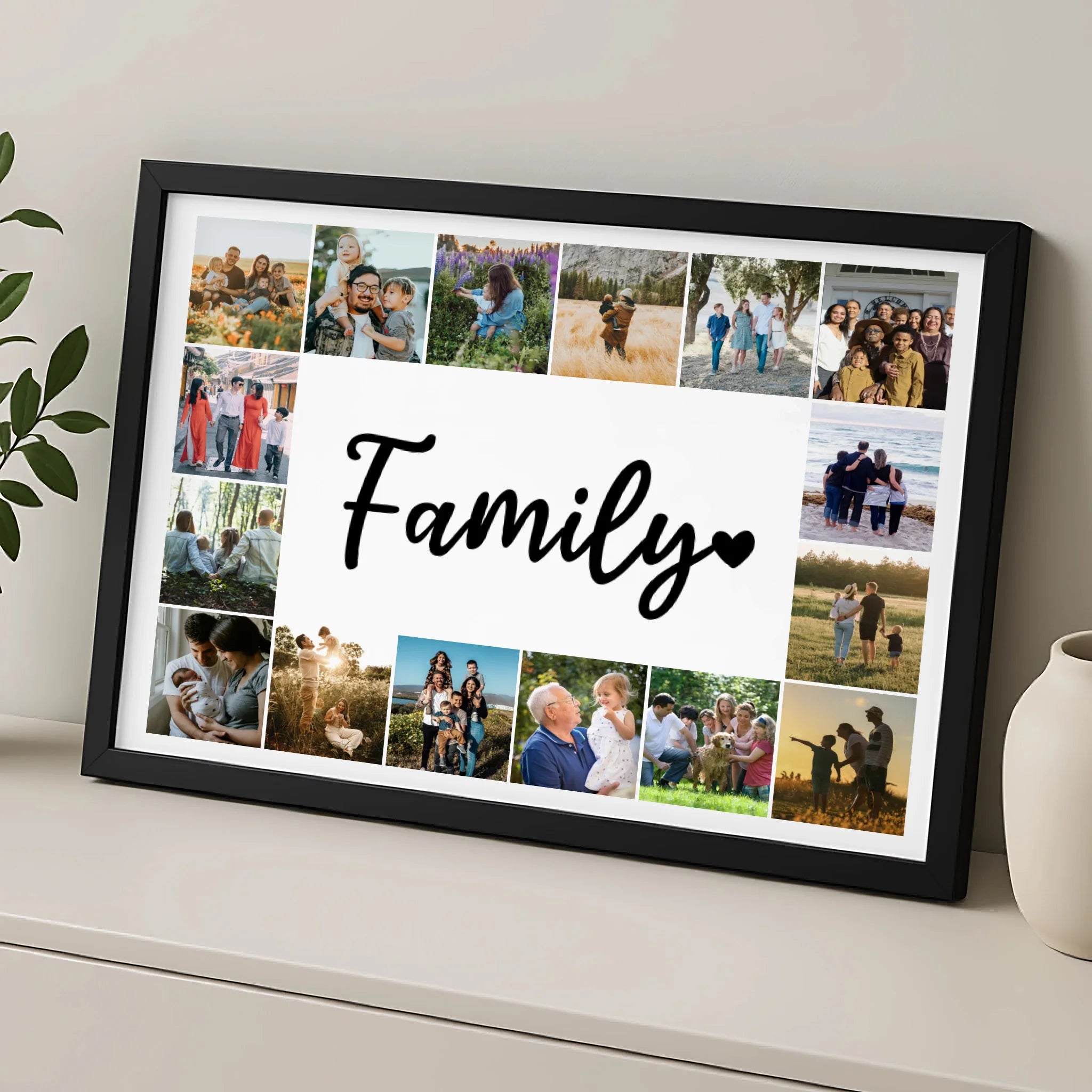 Personalised photo collage gift in a dark frame with 16 family photos arranged around centre text