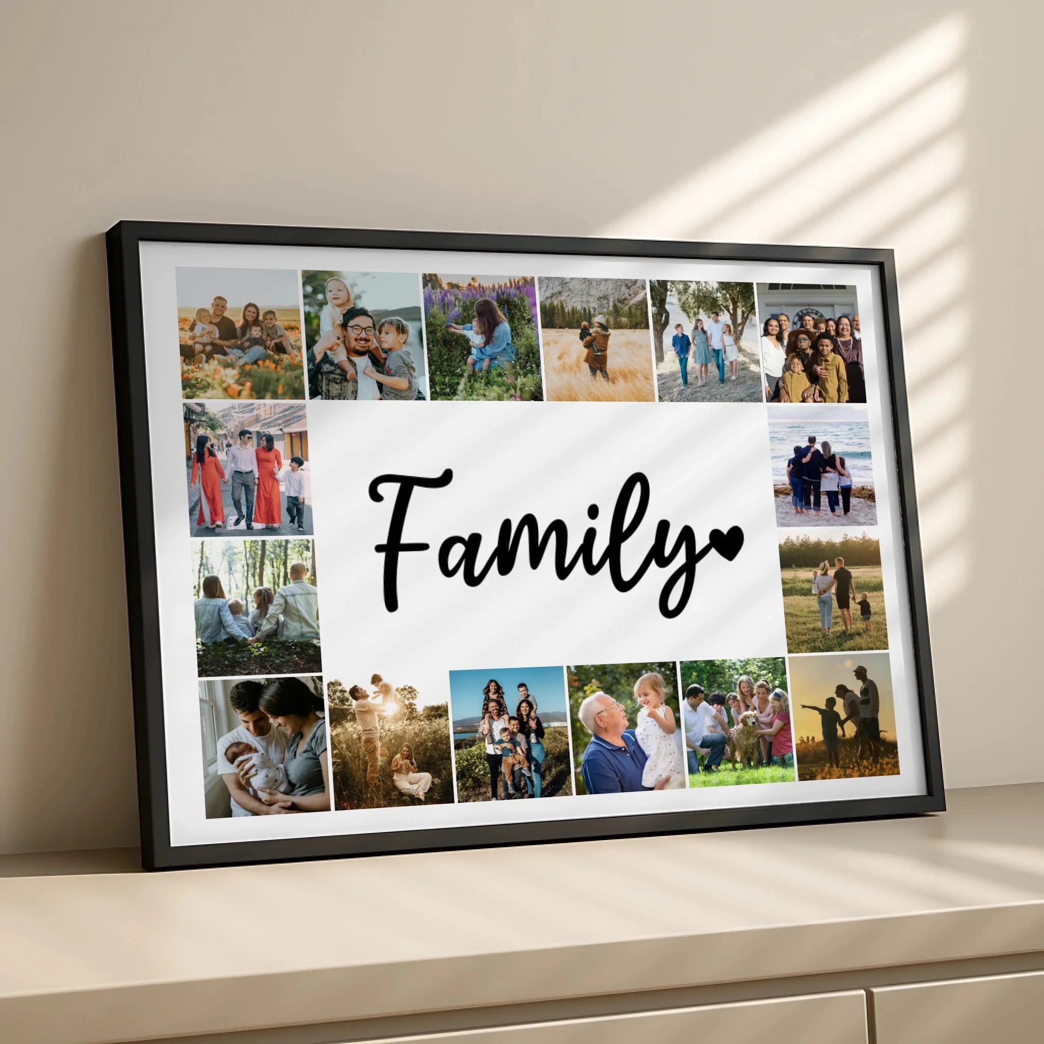 Close-up of personalised family photo collage print showing individual photo slots and centre text