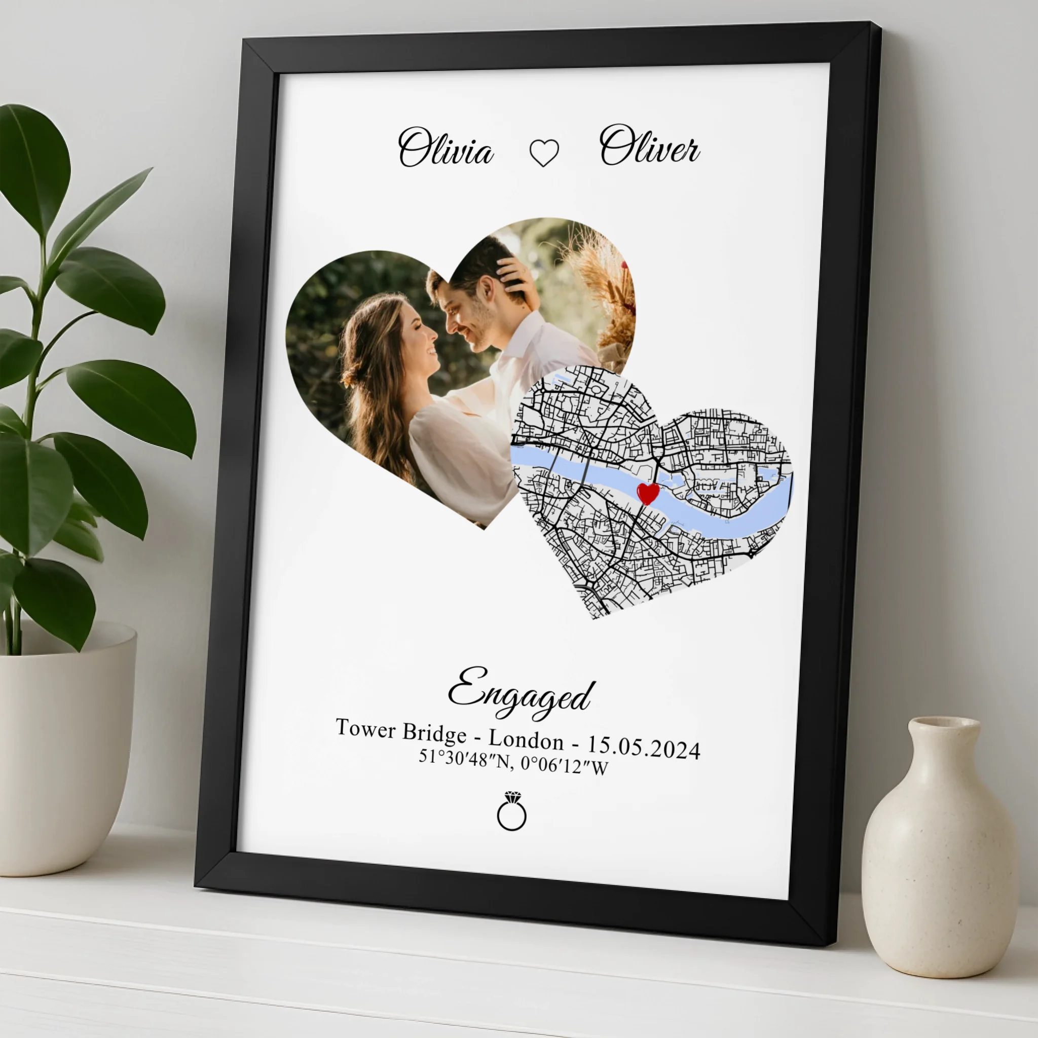 Custom heart map photo print showing couple names and location coordinates on white background