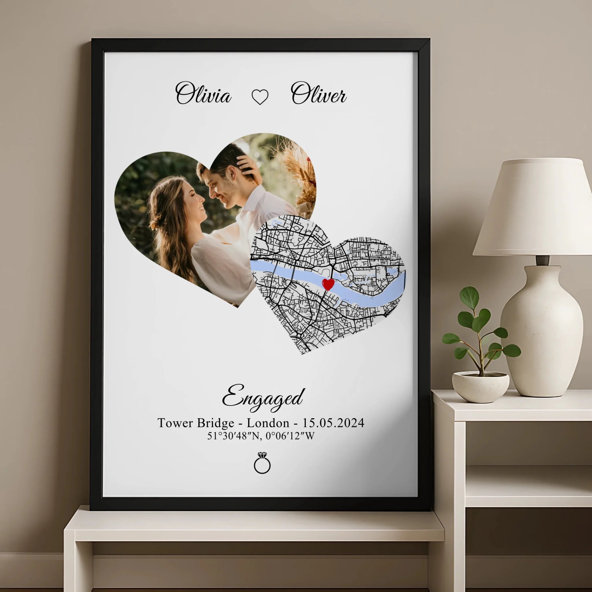Custom photo and map heart print gift for couples with names and special date