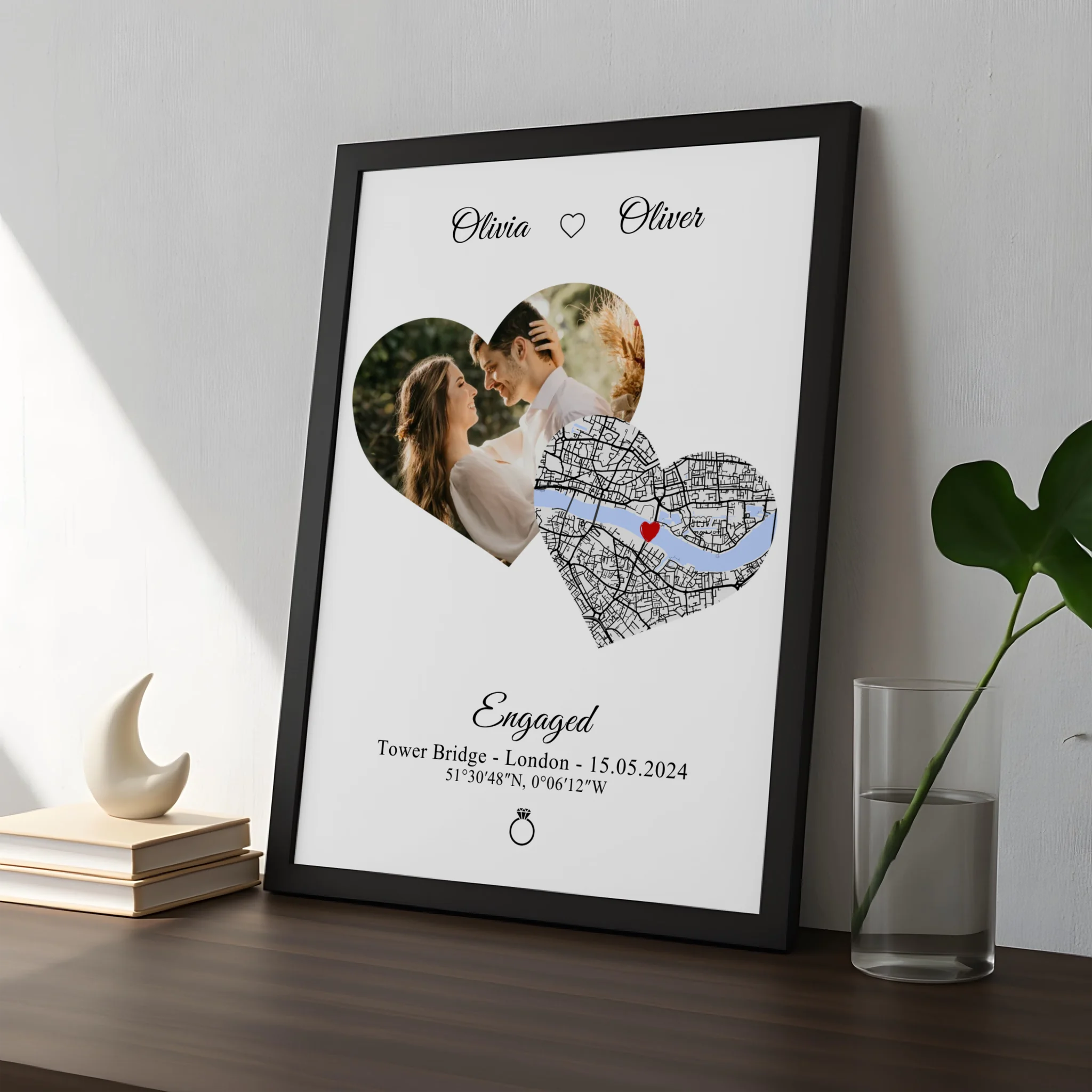 Personalised heart print with photo, map location and coordinates in white frame