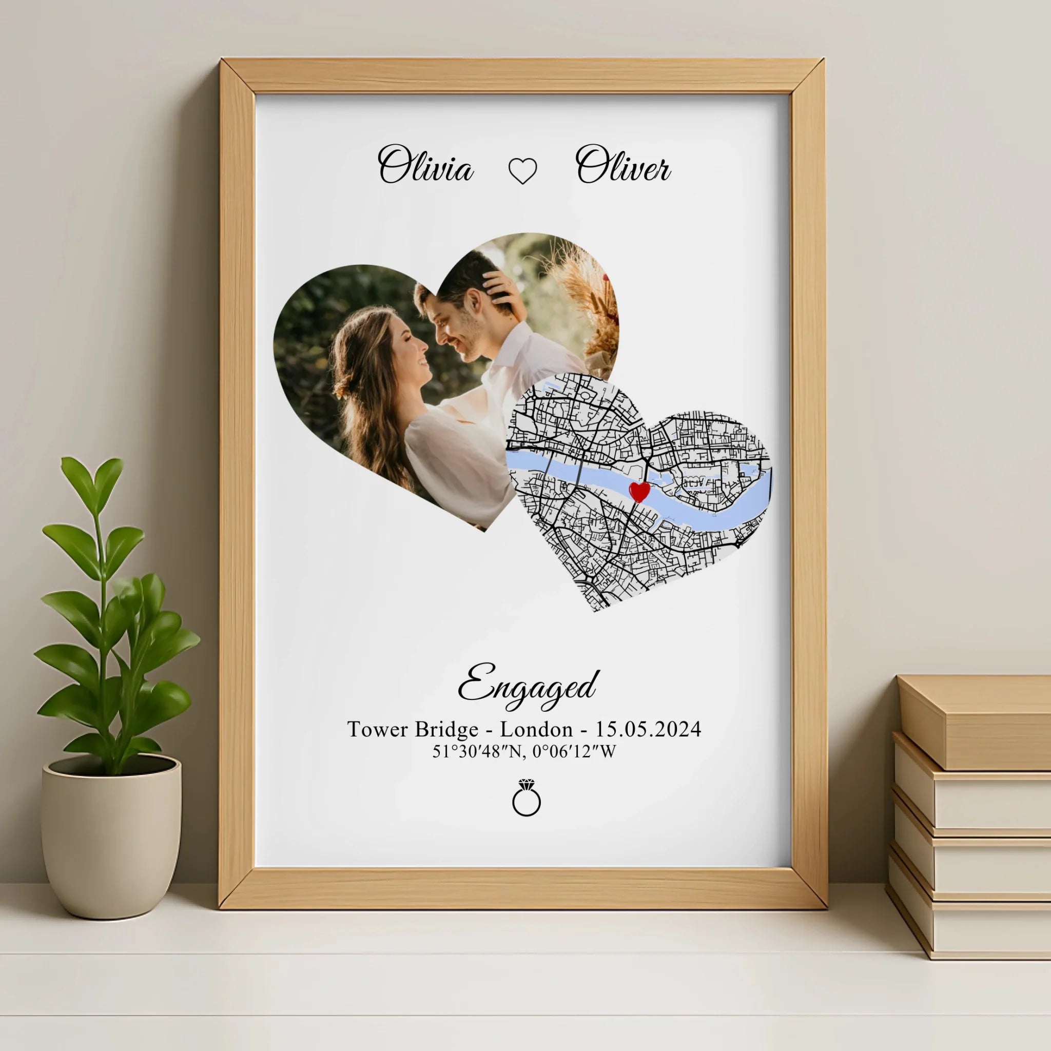 Oak framed custom heart map photo print with couple names and location coordinates
