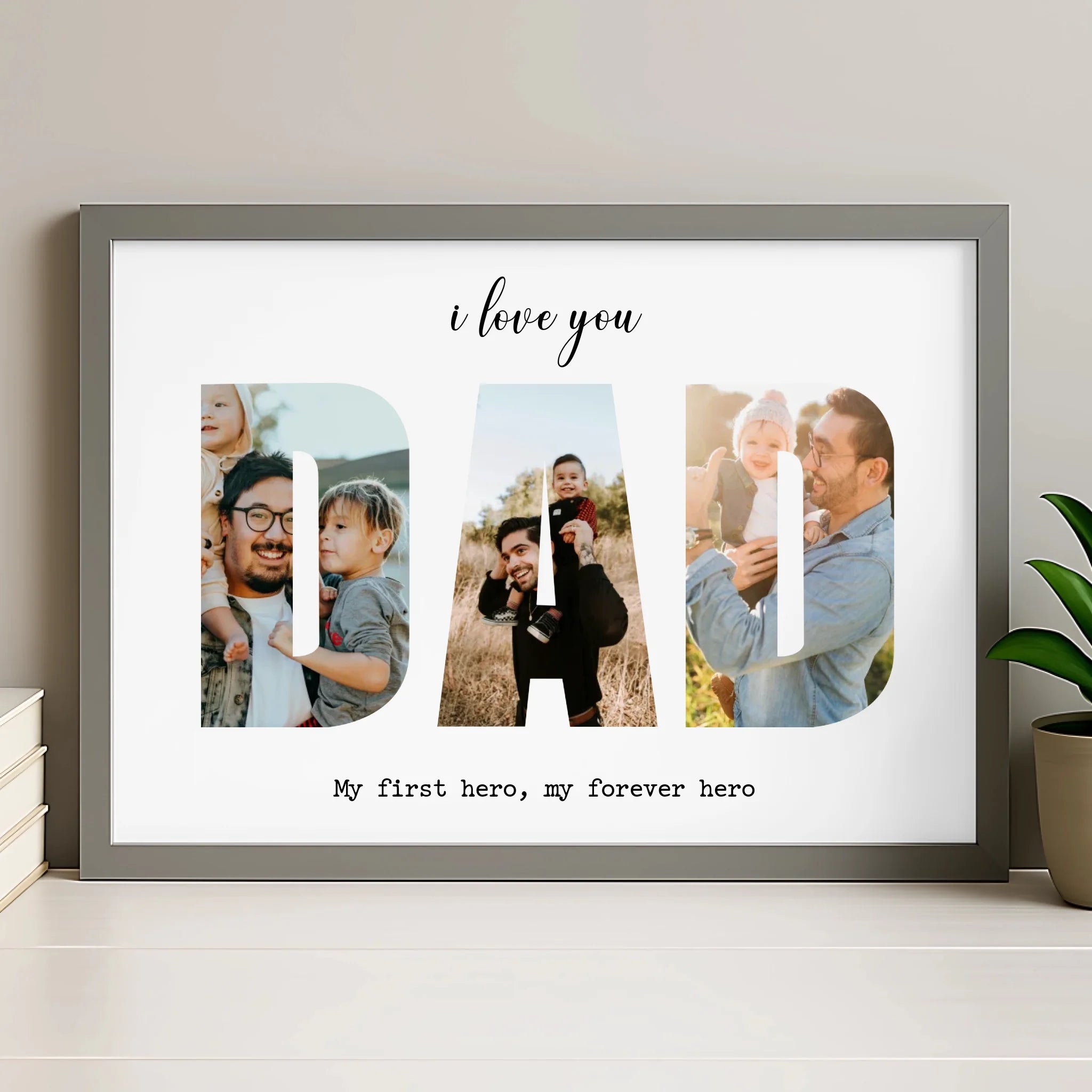 Personalised dad photo print in grey frame, A4 size with three photos