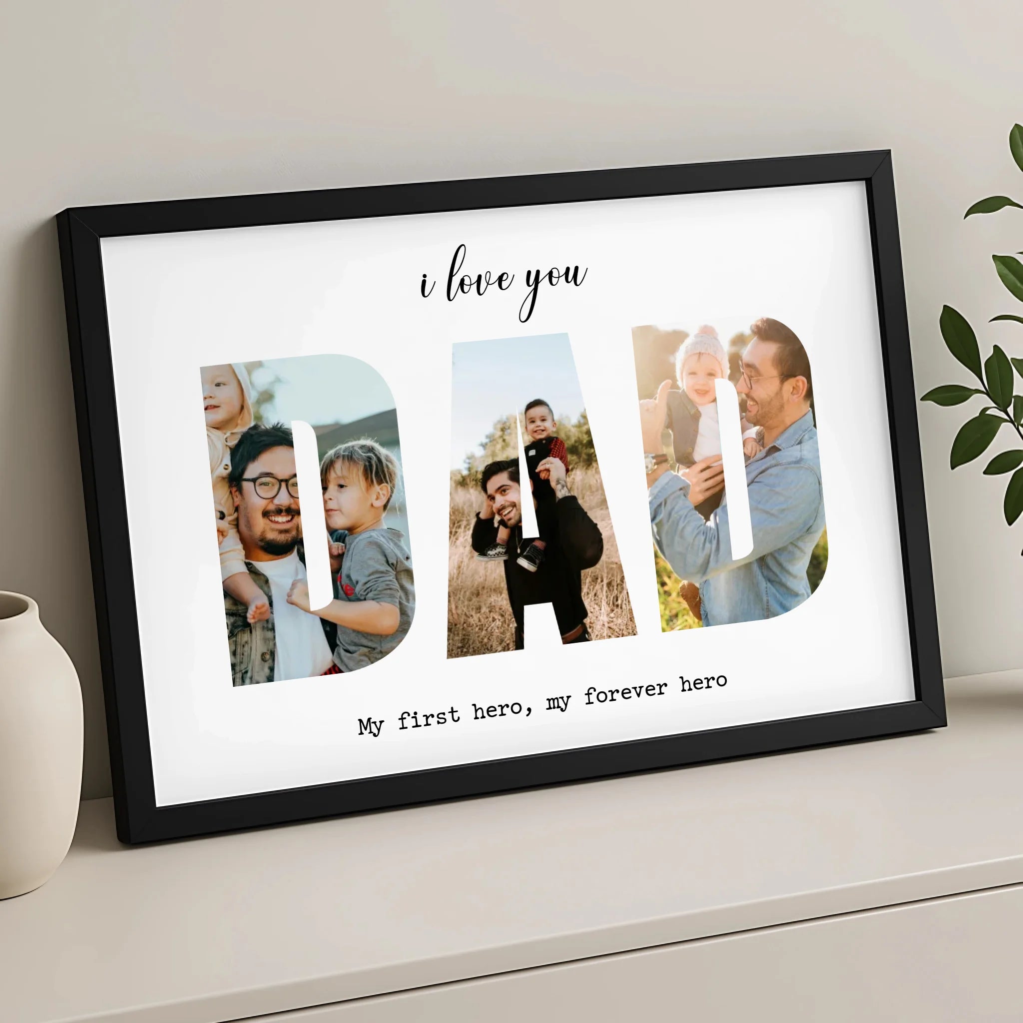 Close-up of personalised dad photo frame showing three photo layout and text