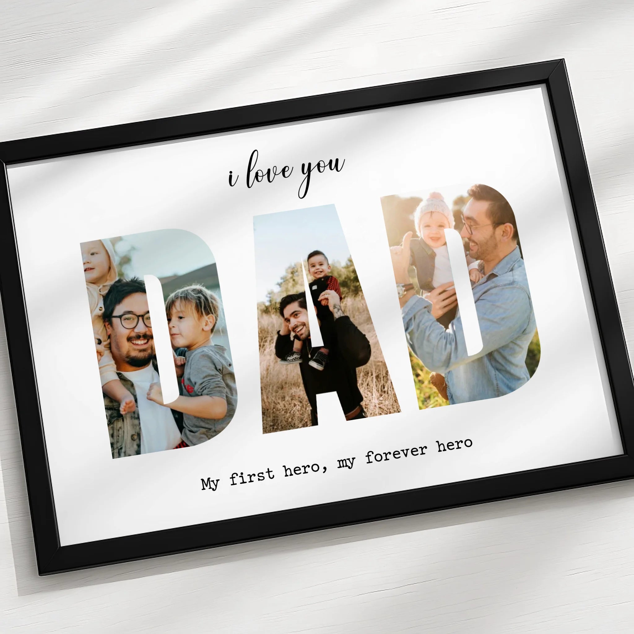 Personalised three photo dad print in white frame, Father's Day gift idea