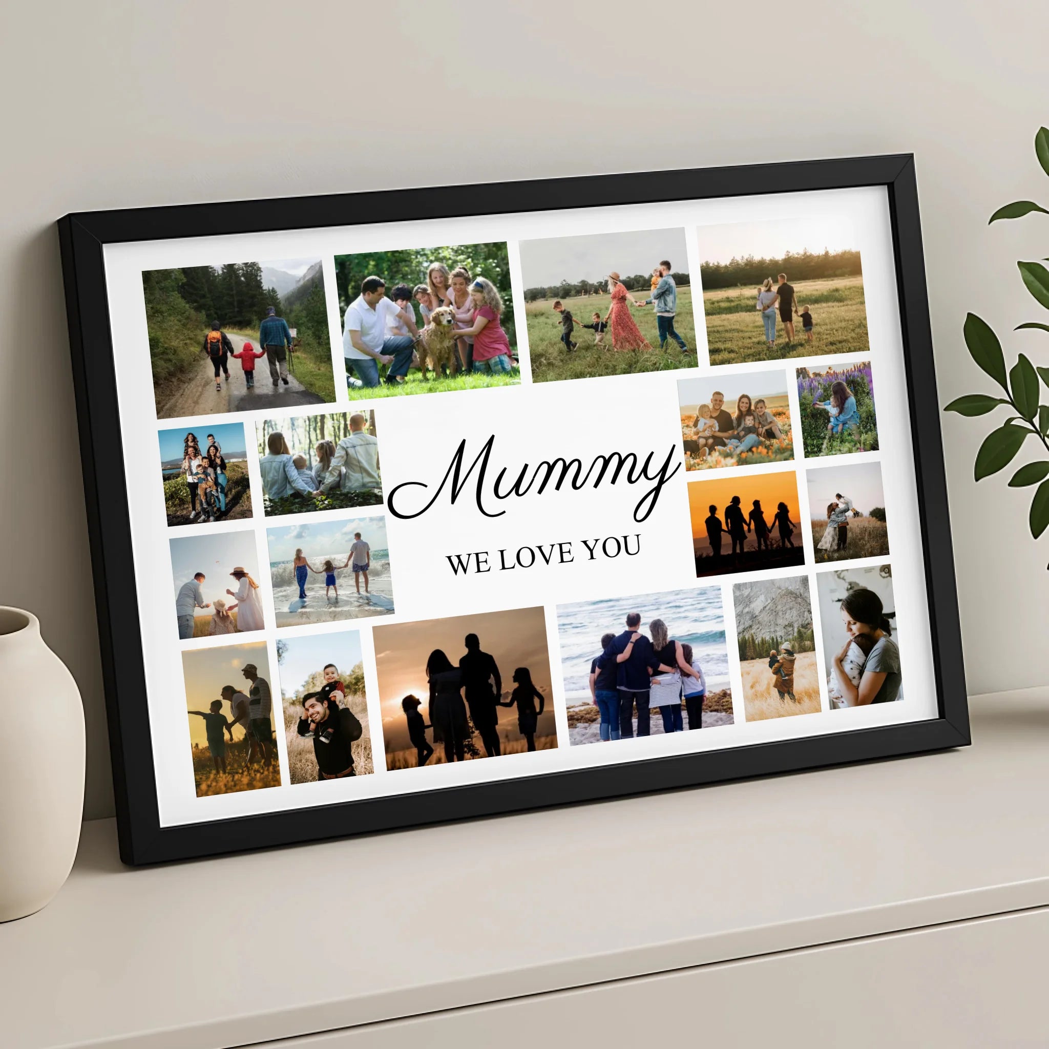 Custom 18 photo collage print showing family photos arranged around a central personalised message