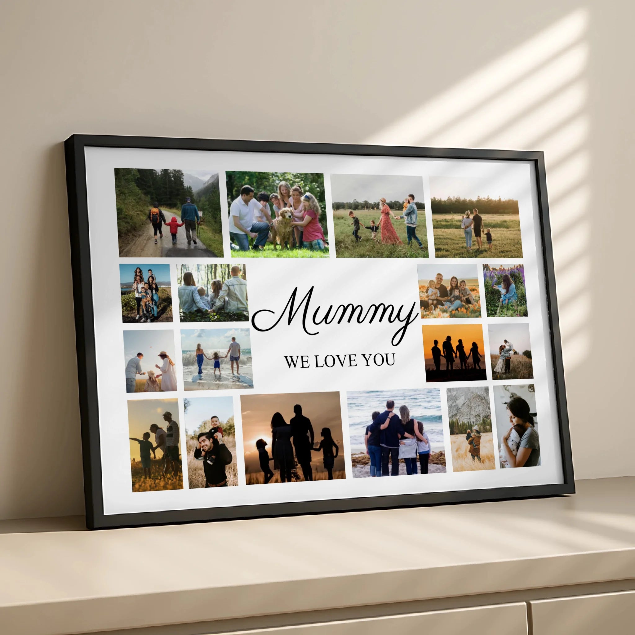 Personalised photo collage gift for mum or dad with 18 family photos and a printed name
