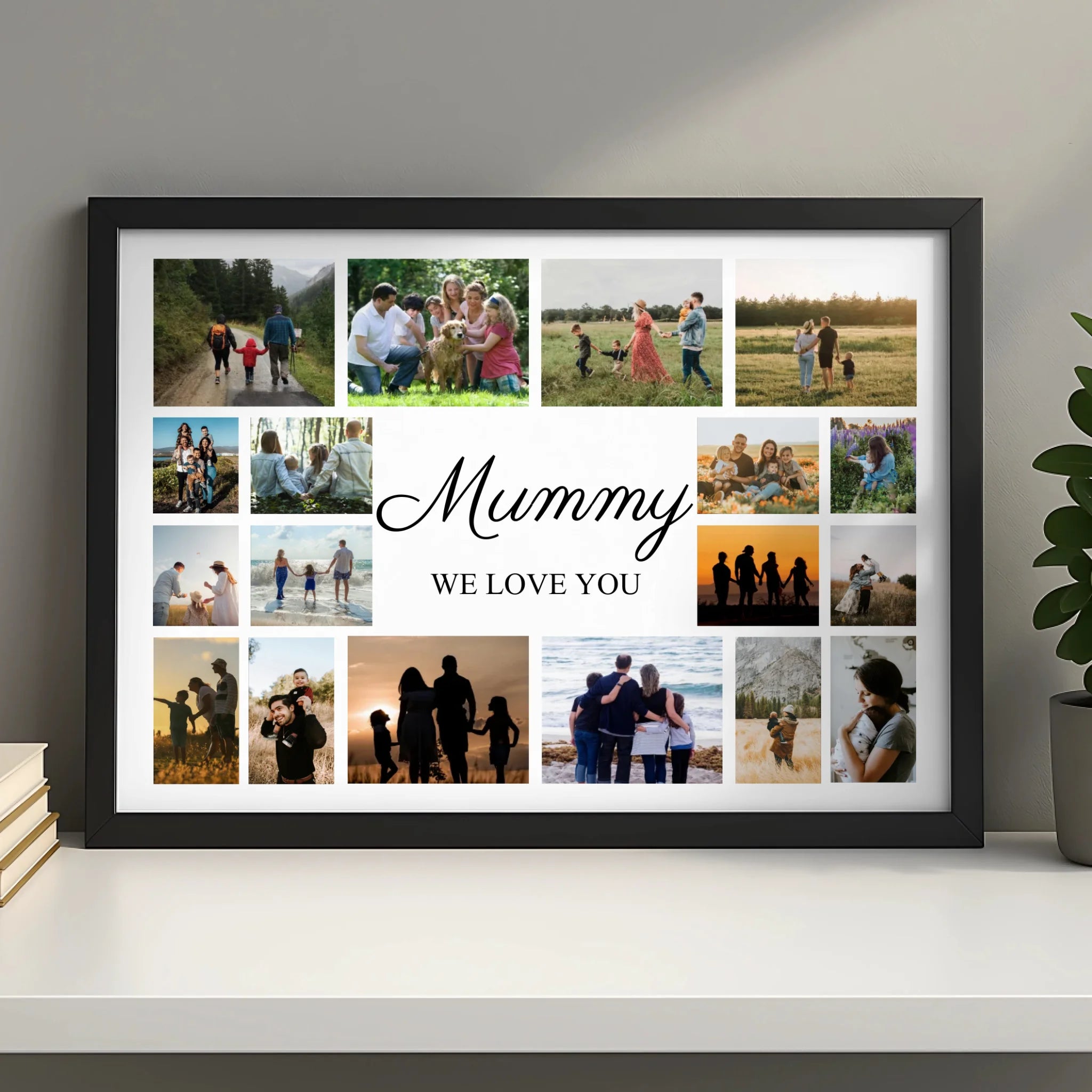 A3 personalised photo collage print displayed on a wall with 18 custom family photos