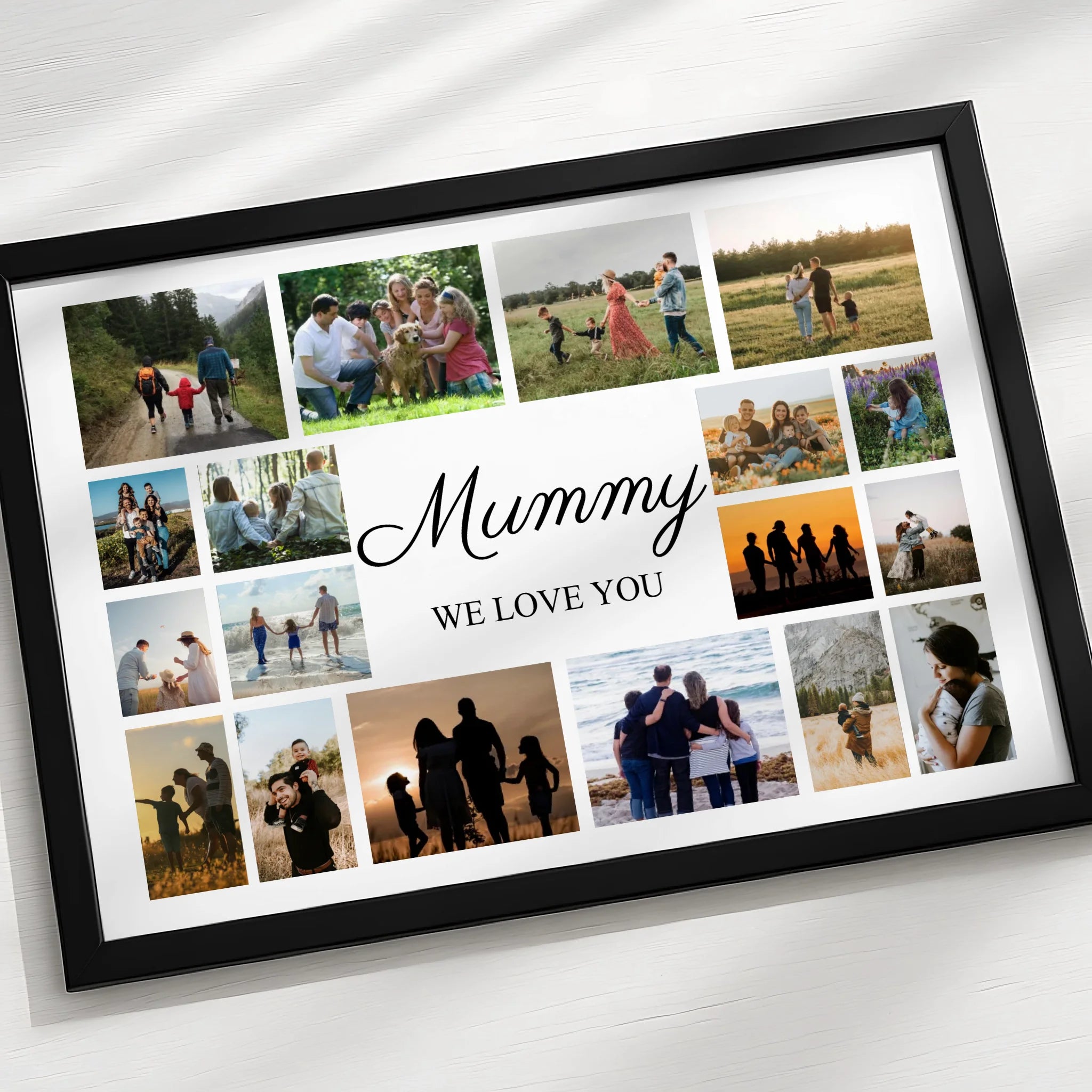 Personalised photo frame gift showing a multi-photo collage layout with custom text